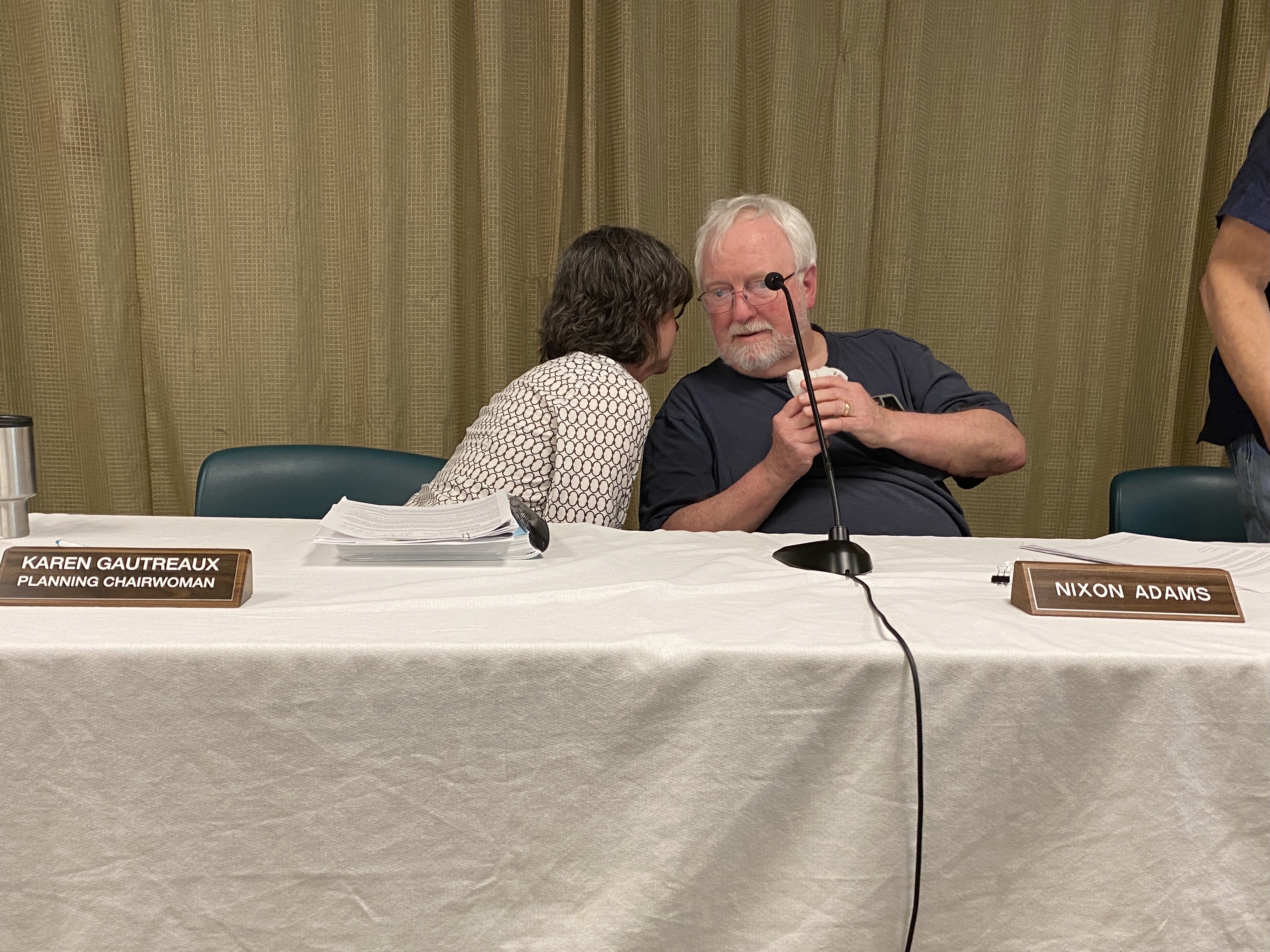 Planning Chairwoman Karen Gautreaux and Zoning Chairman Nixon Adams during the June 22, 2021, Planning & Zoning Commission meeting. (Mandeville Daily/William Kropog)