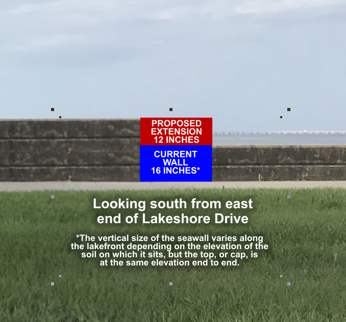 Computer drawn split comparison of a 12-inch extension to the seawall — based on the previously shown 12-inch prop — to demonstrate that the view of Lake Pontchartrain would be completely blocked from the view of a person riding in a sedan near the far eastern end of Lakeshore Drive. (Mandeville Daily/William Kropog)