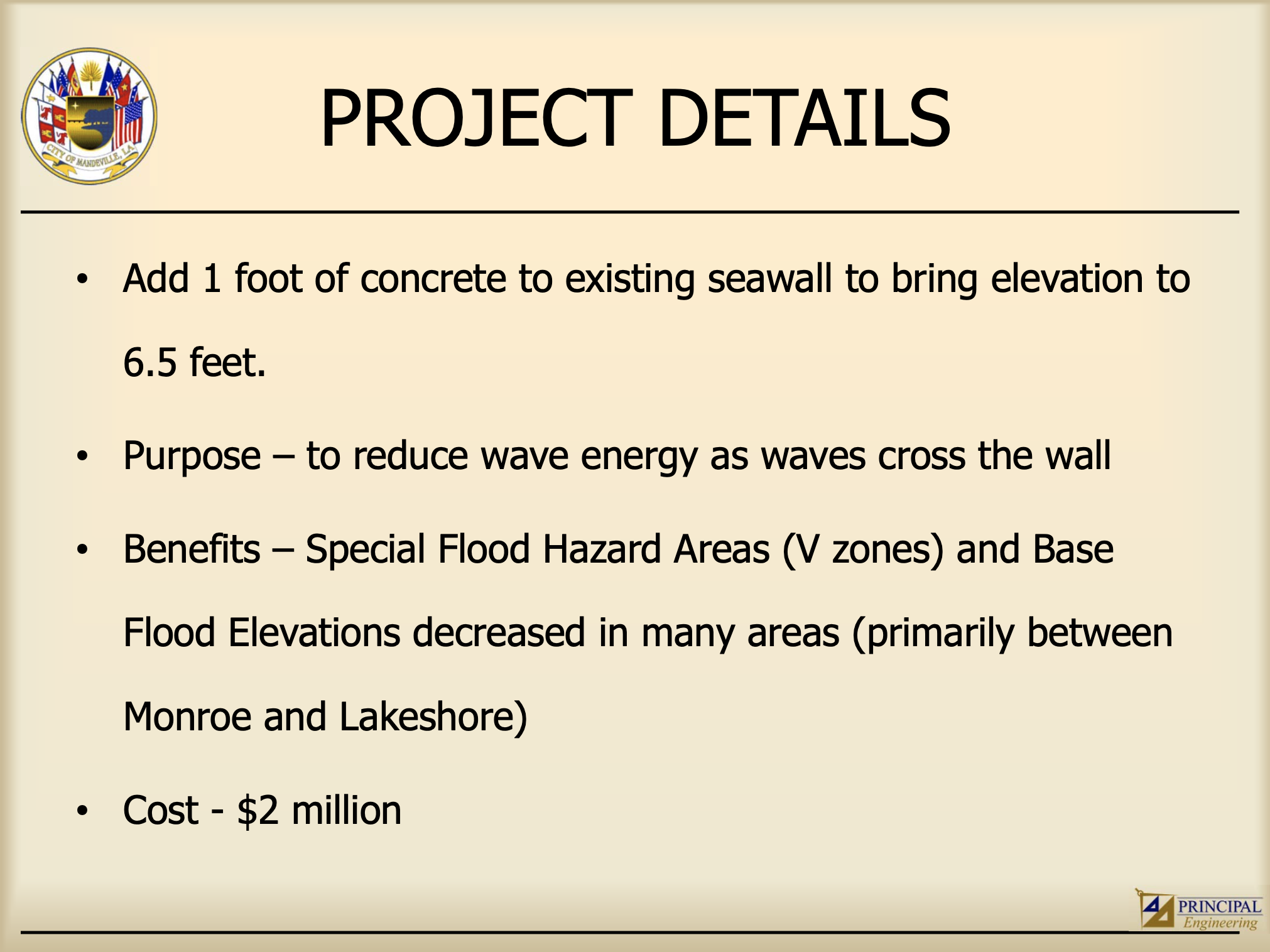 A page from the Principal Engineering presentation from the Sept. 8, 2019, public forum. (Mandeville Daily/Principal Engineering)