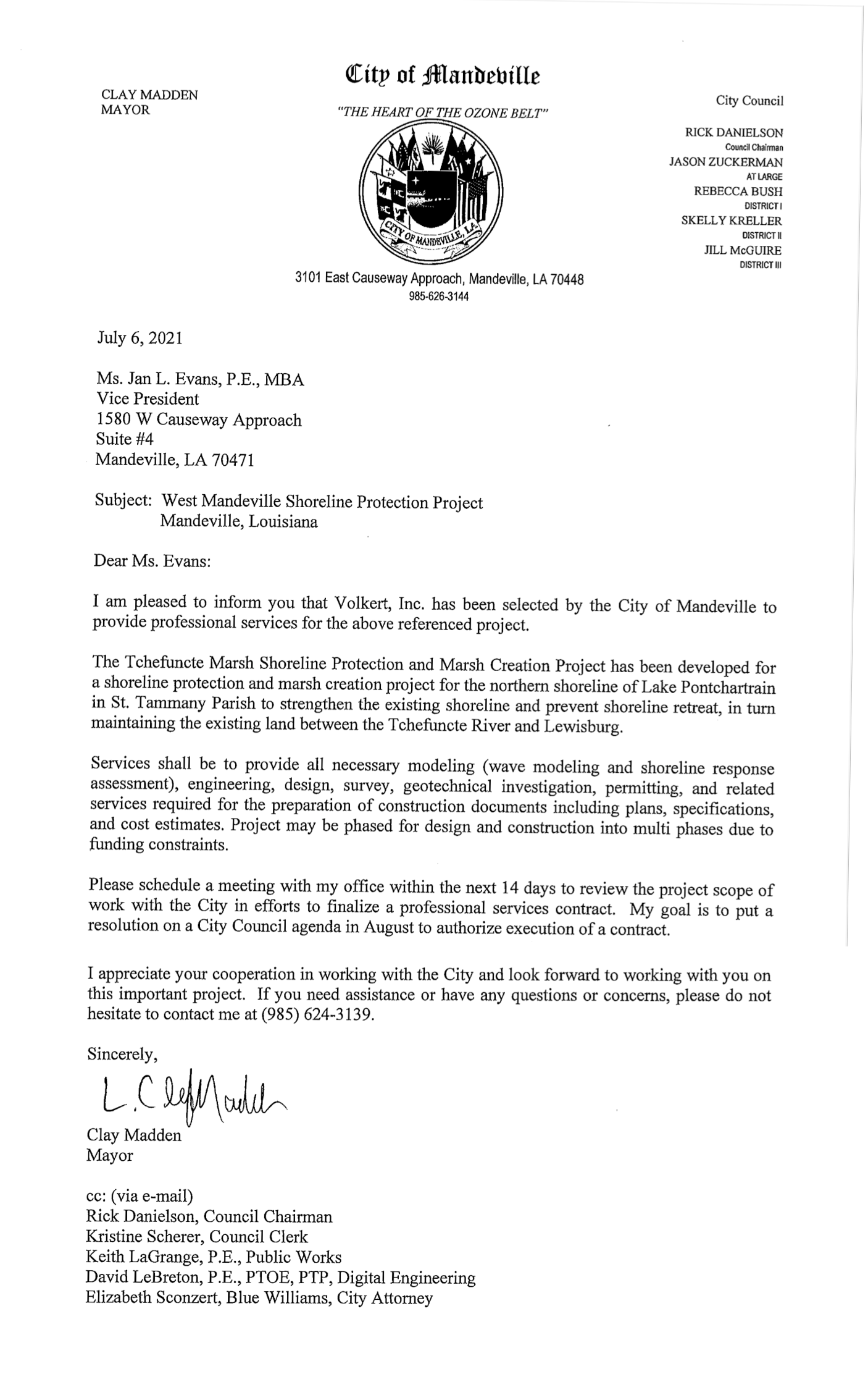 The award or selection letter to Volkert, Inc. (Mandeville Daily/City of Mandeville)