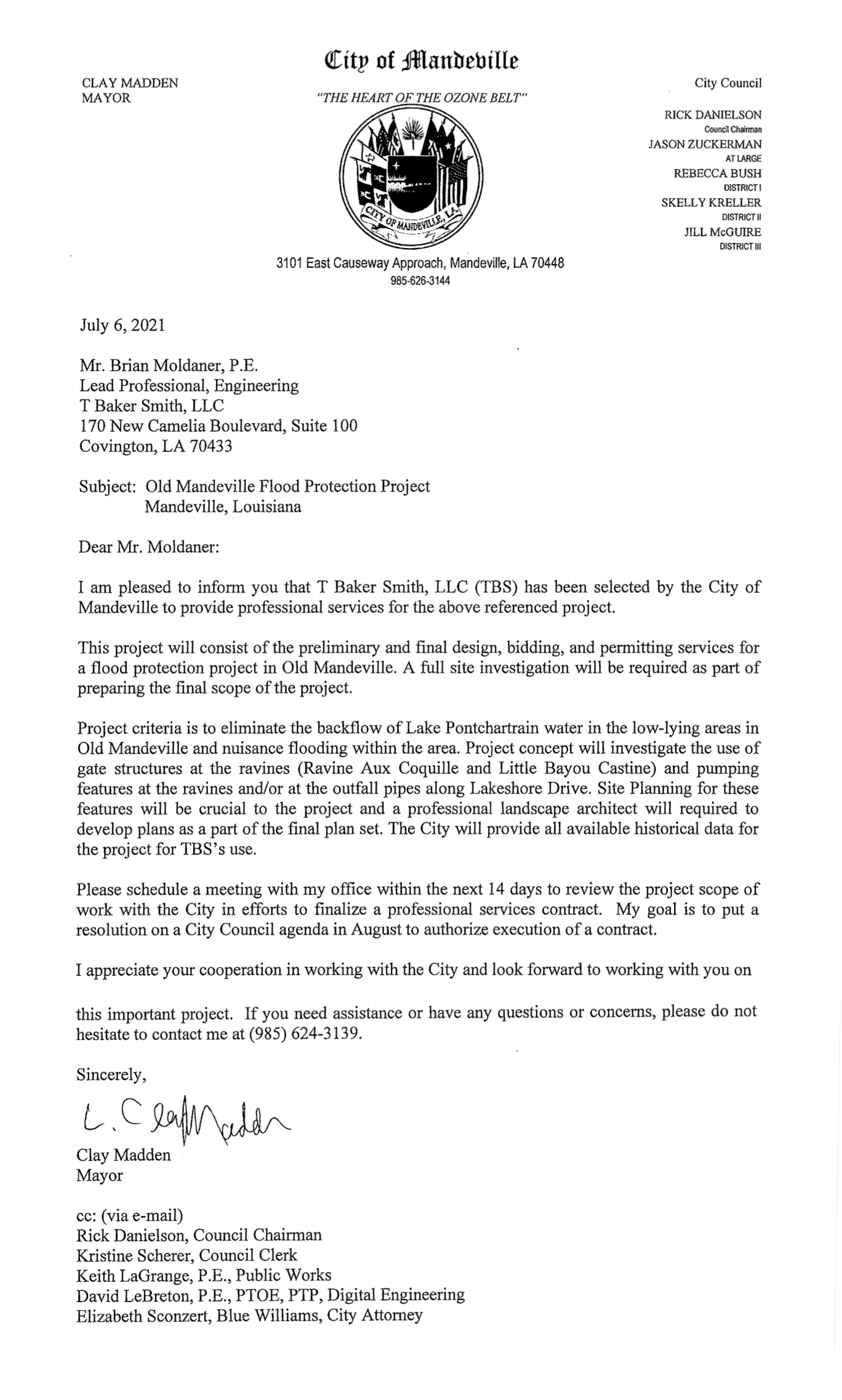 The award or selection letter to T. Baker Smith LLC (Mandeville Daily/City of Mandeville)
