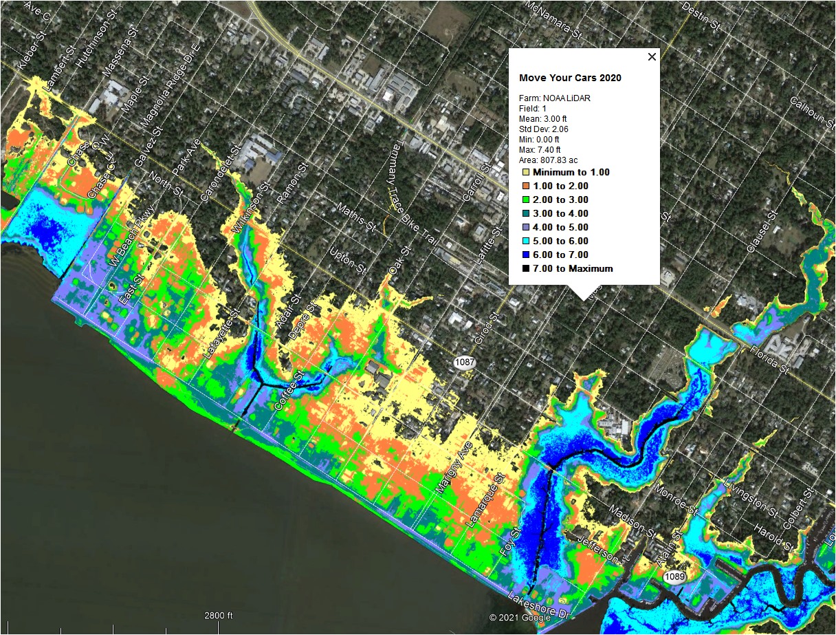 Flood projection model rendering showing where and to what degree the flooding would be with Lake Pontchartrain at six feet above normal with one foot added to account for rain runoff. (Mandeville Daily/Ren Clark)
