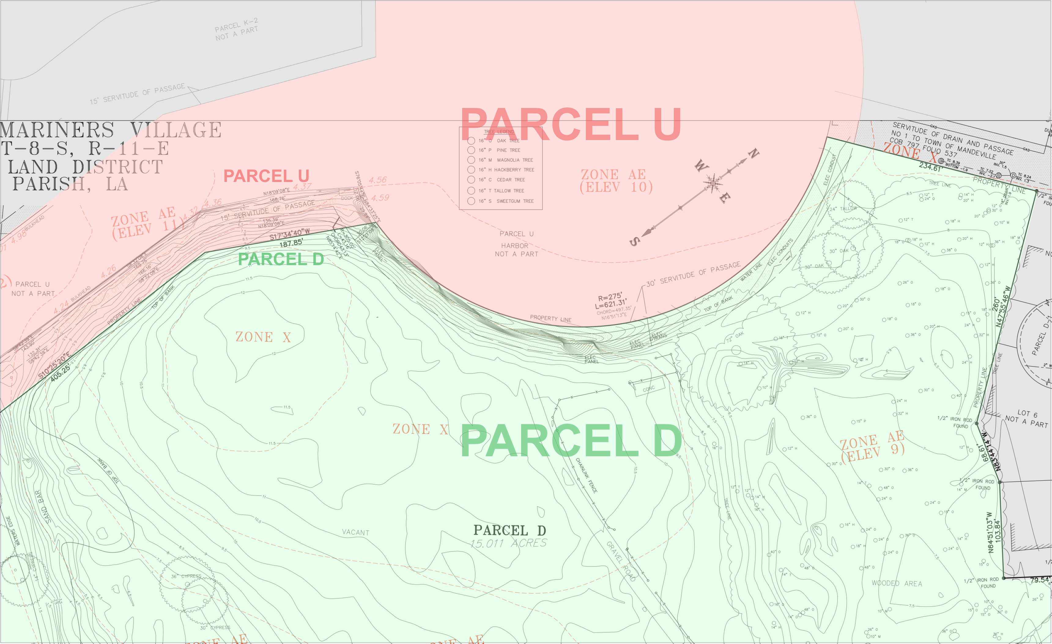 Sucette Harbor: Parcels U and D in red and green over the elevation map.