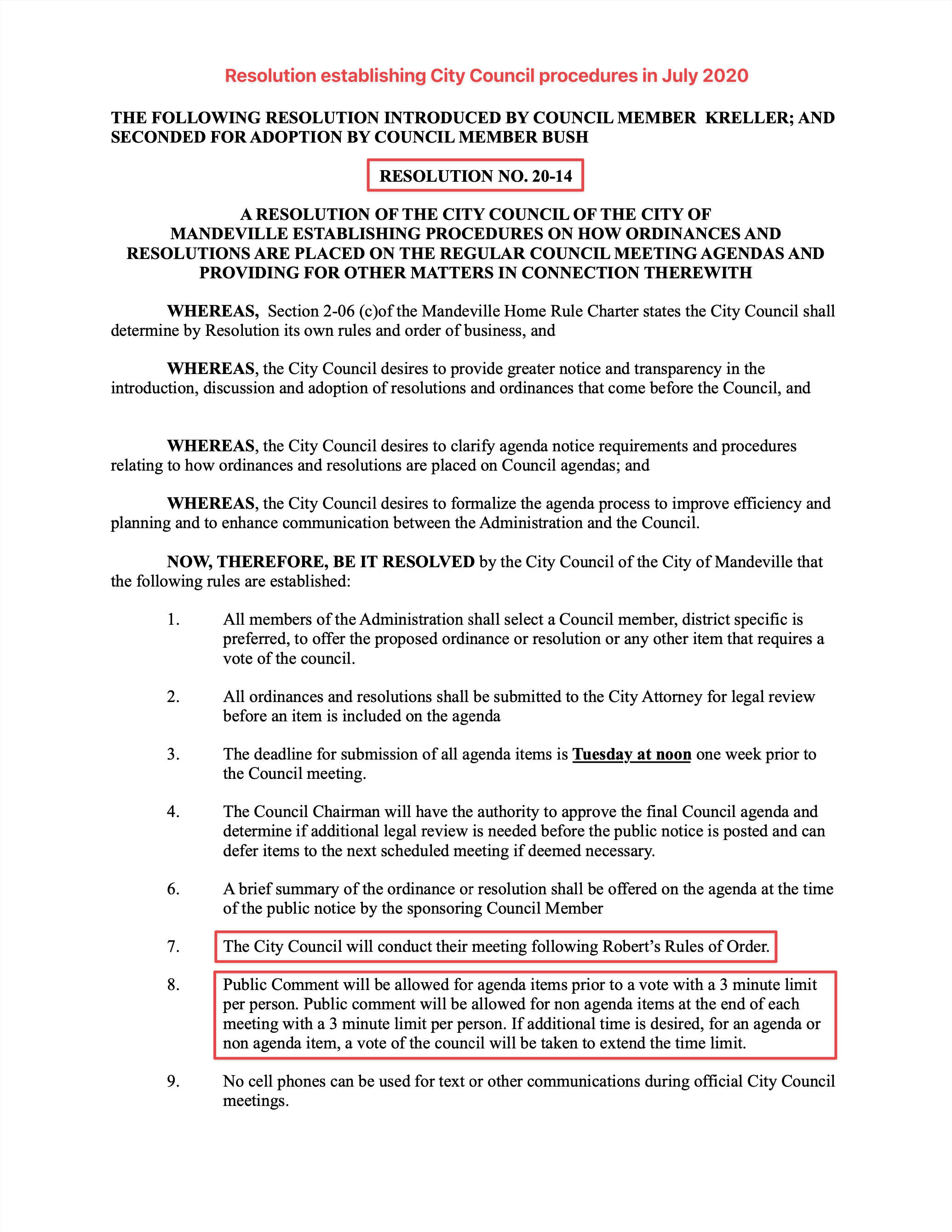 Resolution 20-14, page 1 (Mandeville Daily/William Kropog)