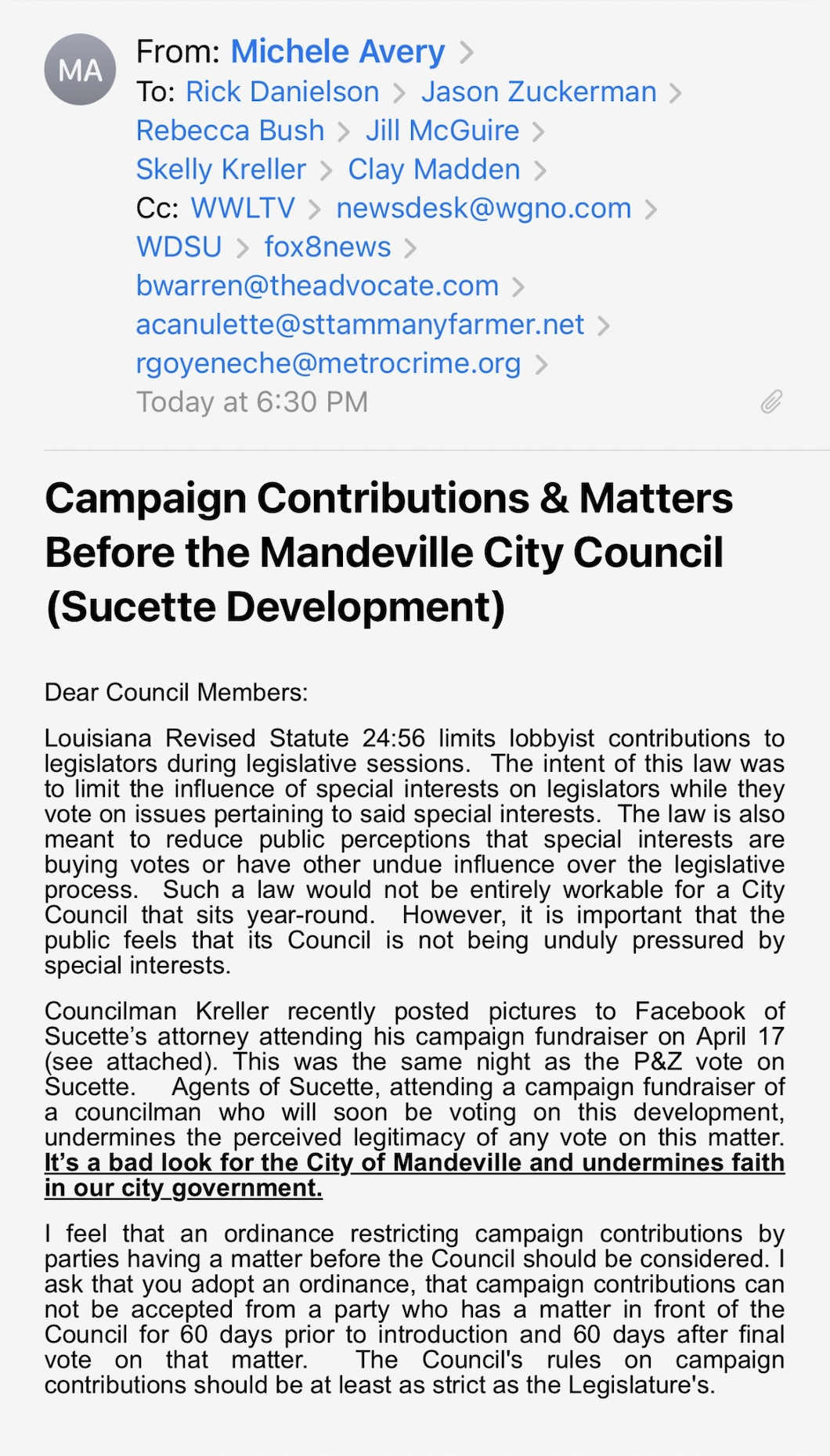 Email from activist to Mandeville City Council, page 1