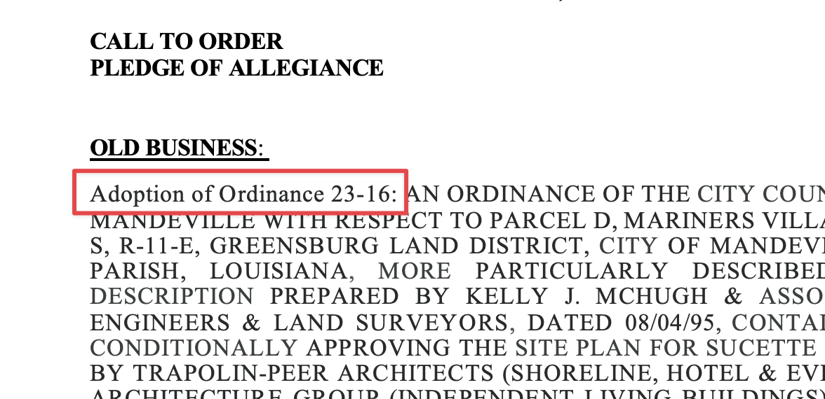 Excerpt from the published agenda for the August 15, 2023, special meeting on Sucette Harbor. (Mandeville Daily)