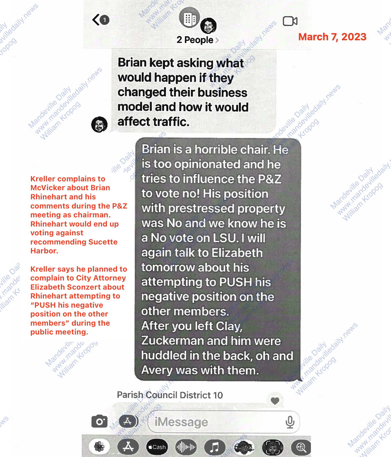 Text messages produced by District II Councilman Dr. Skelly Kreller as part of a public records request by Woodward Interests Vice President Bear Cheezem. (Mandeville Daily)