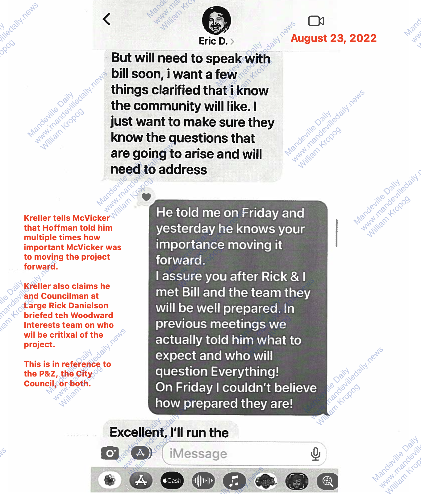 Text messages produced by District II Councilman Dr. Skelly Kreller as part of a public records request by Woodward Interests Vice President Bear Cheezem. (Mandeville Daily)