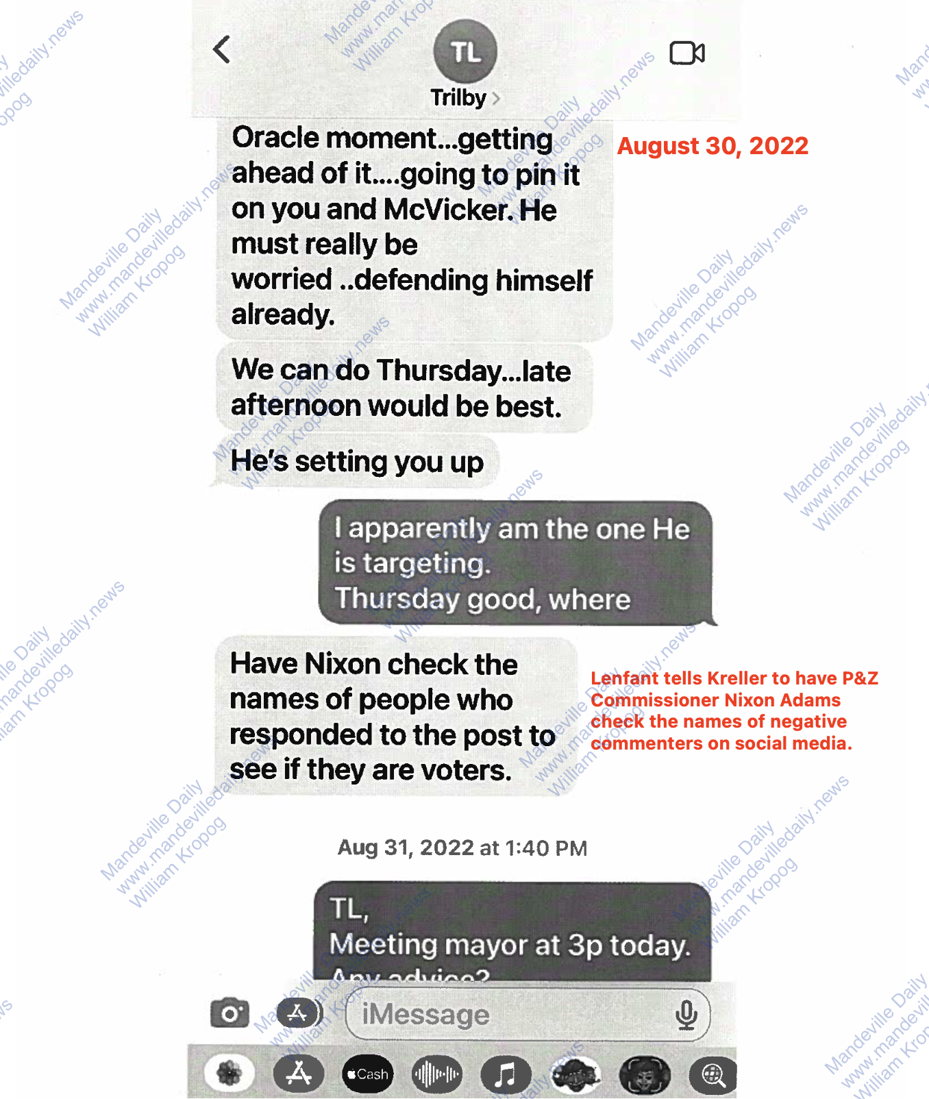 Text messages produced by District II Councilman Dr. Skelly Kreller as part of a public records request by Woodward Interests Vice President Bear Cheezem. (Mandeville Daily)
