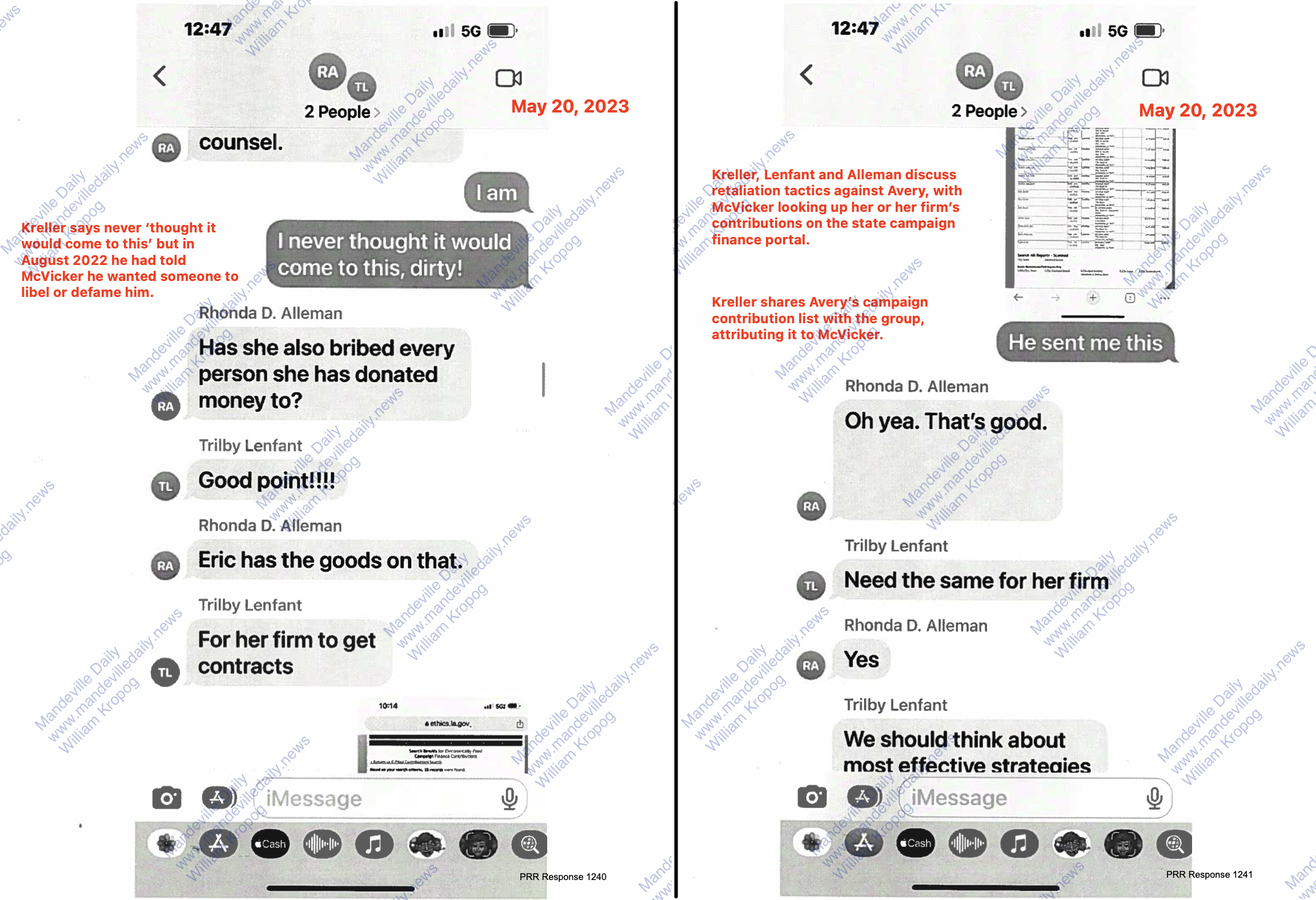 Text messages produced by District II Councilman Dr. Skelly Kreller as part of a public records request by Woodward Interests Vice President Bear Cheezem. (Mandeville Daily)