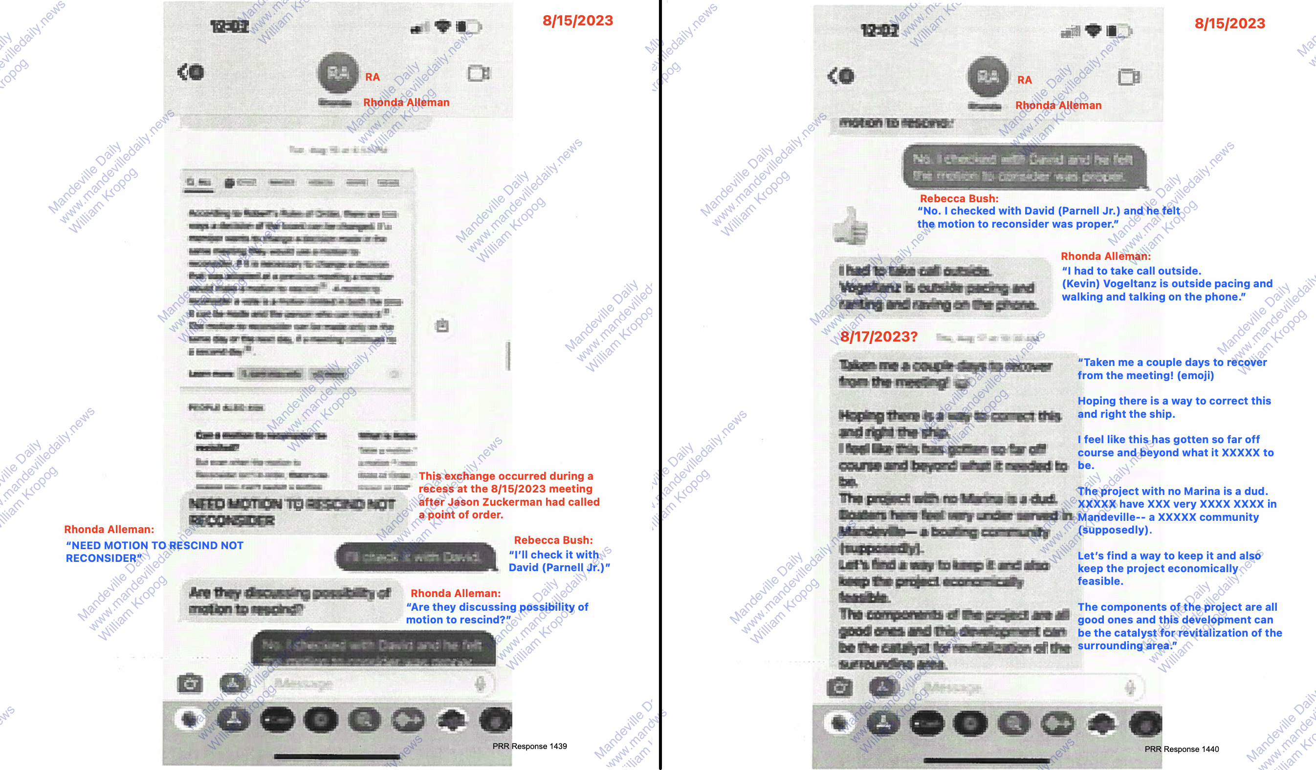 Low-resolution text messages produced by District I Councilwoman Rebecca Bush as part of a a public records request by Woodward Interests Vice President Bear Cheezem. Deciphered where possible. (Mandeville Daily)