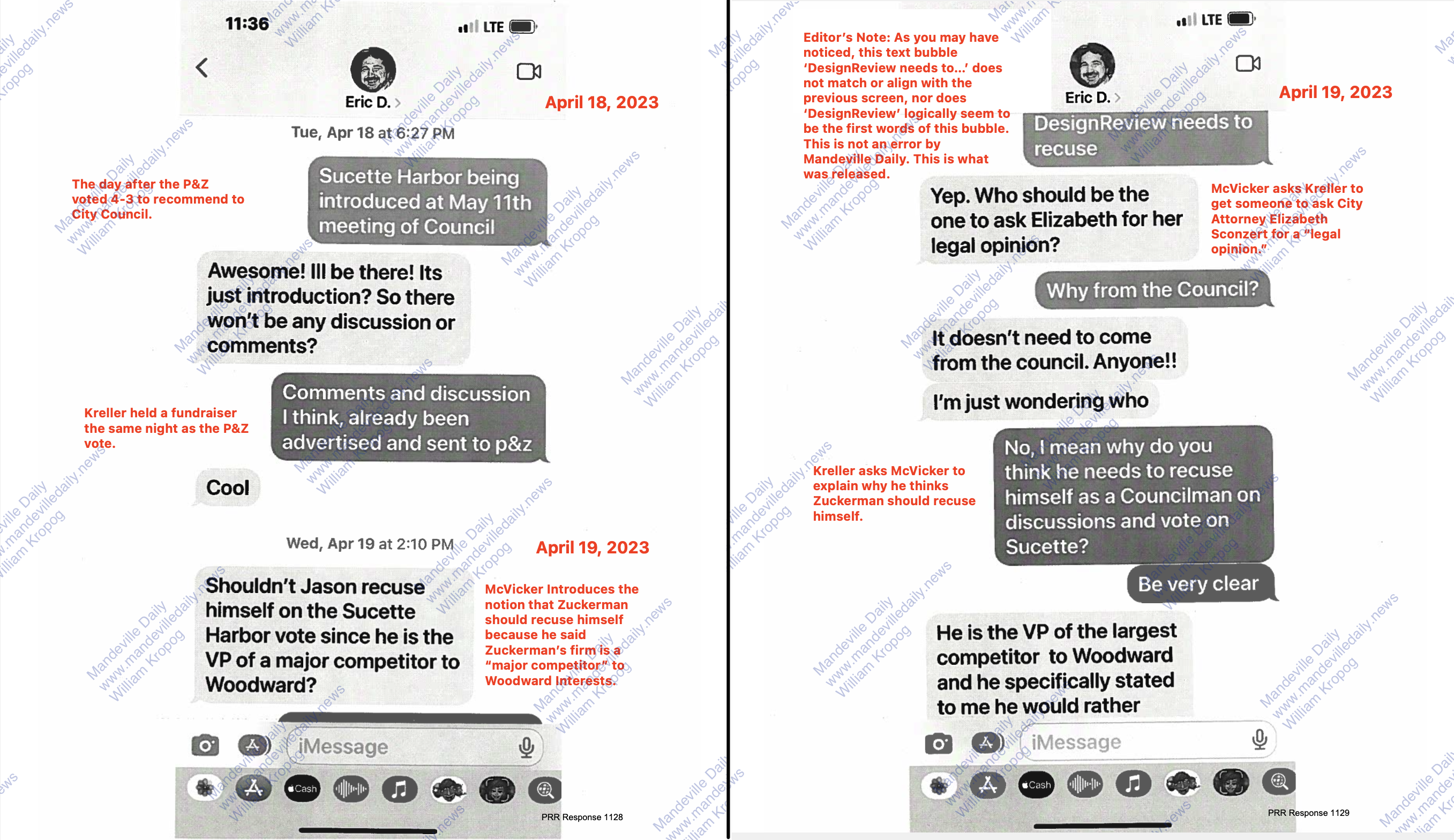 Text messages produced by District II Councilman Dr. Skelly Kreller as part of a public records request by Woodward Interests Vice President Bear Cheezem. (Mandeville Daily)