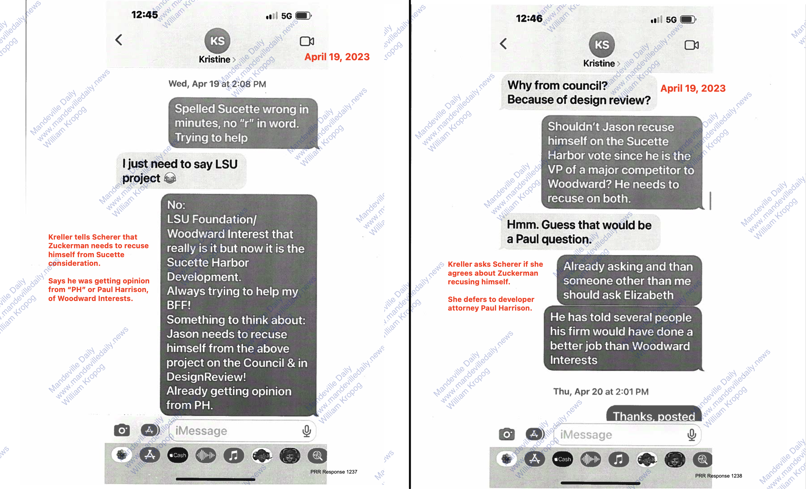 Text messages produced by District II Councilman Dr. Skelly Kreller as part of a public records request by Woodward Interests Vice President Bear Cheezem. (Mandeville Daily)