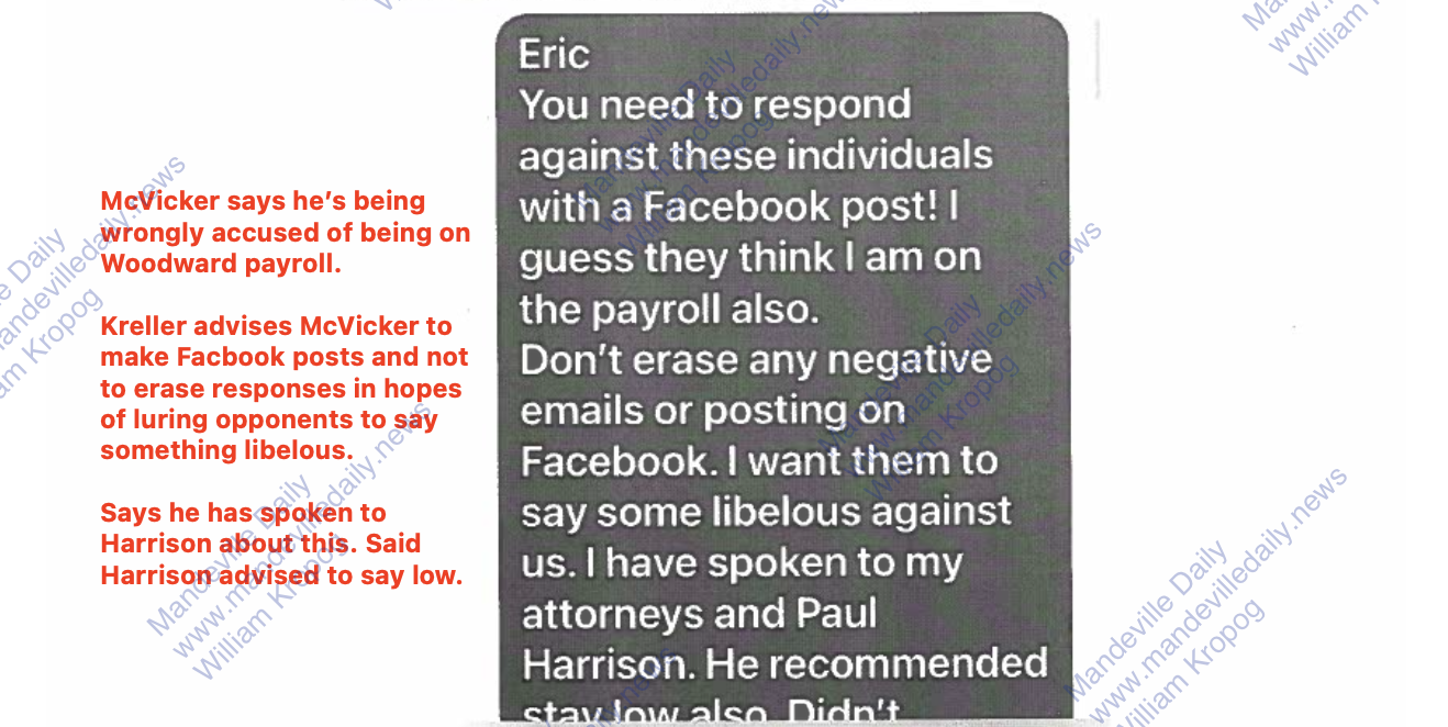 Text messages produced by District II Councilman Dr. Skelly Kreller as part of a public records request by Woodward Interests Vice President Bear Cheezem. (Mandeville Daily)