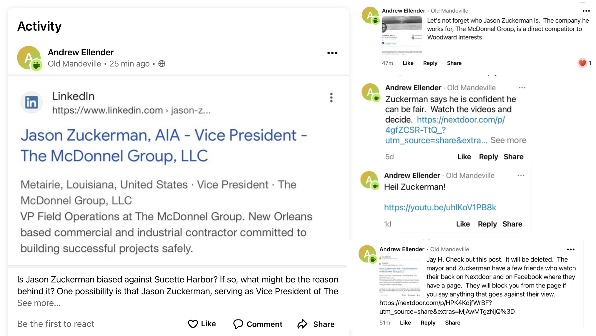 A collage of social media posts by Andrew Ellender. (Mandeville Daily)