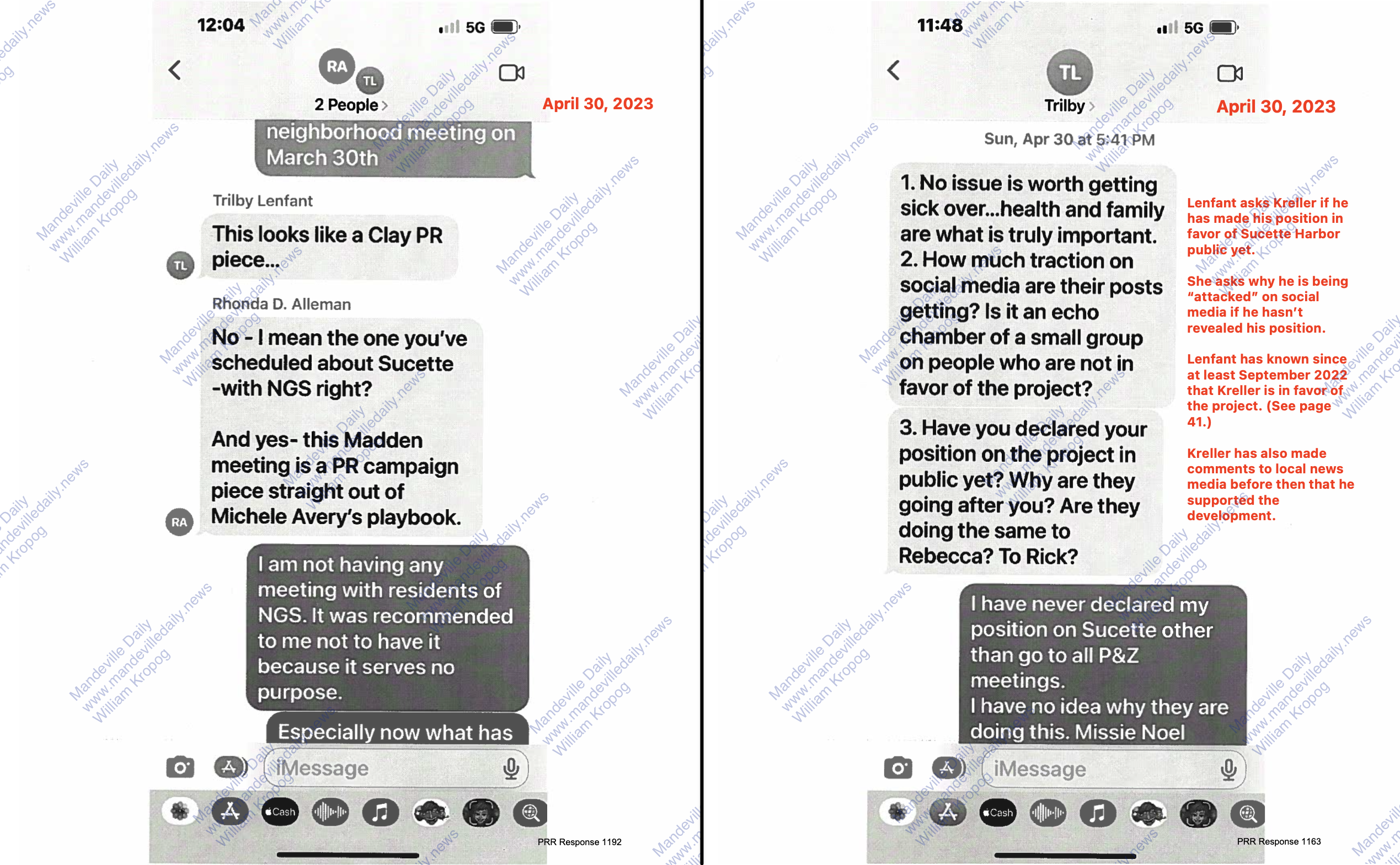 Text messages produced by District II Councilman Dr. Skelly Kreller as part of a public records request by Woodward Interests Vice President Bear Cheezem. (Mandeville Daily)