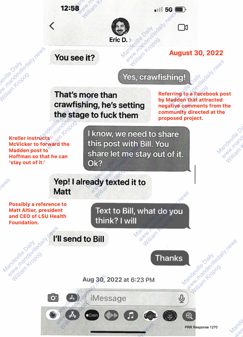 Text messages produced by District II Councilman Dr. Skelly Kreller as part of a public records request by Woodward Interests Vice President Bear Cheezem. (Mandeville Daily)