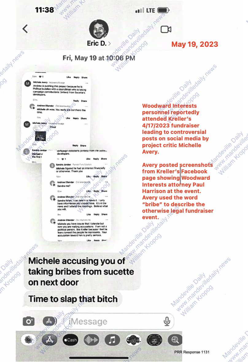 Text messages produced by District II Councilman Dr. Skelly Kreller as part of a public records request by Woodward Interests Vice President Bear Cheezem. (Mandeville Daily)