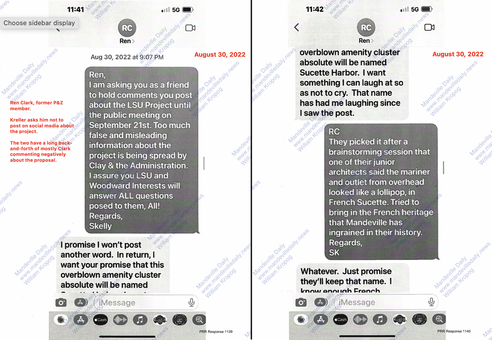 Text messages produced by District II Councilman Dr. Skelly Kreller as part of a public records request by Woodward Interests Vice President Bear Cheezem. (Mandeville Daily)