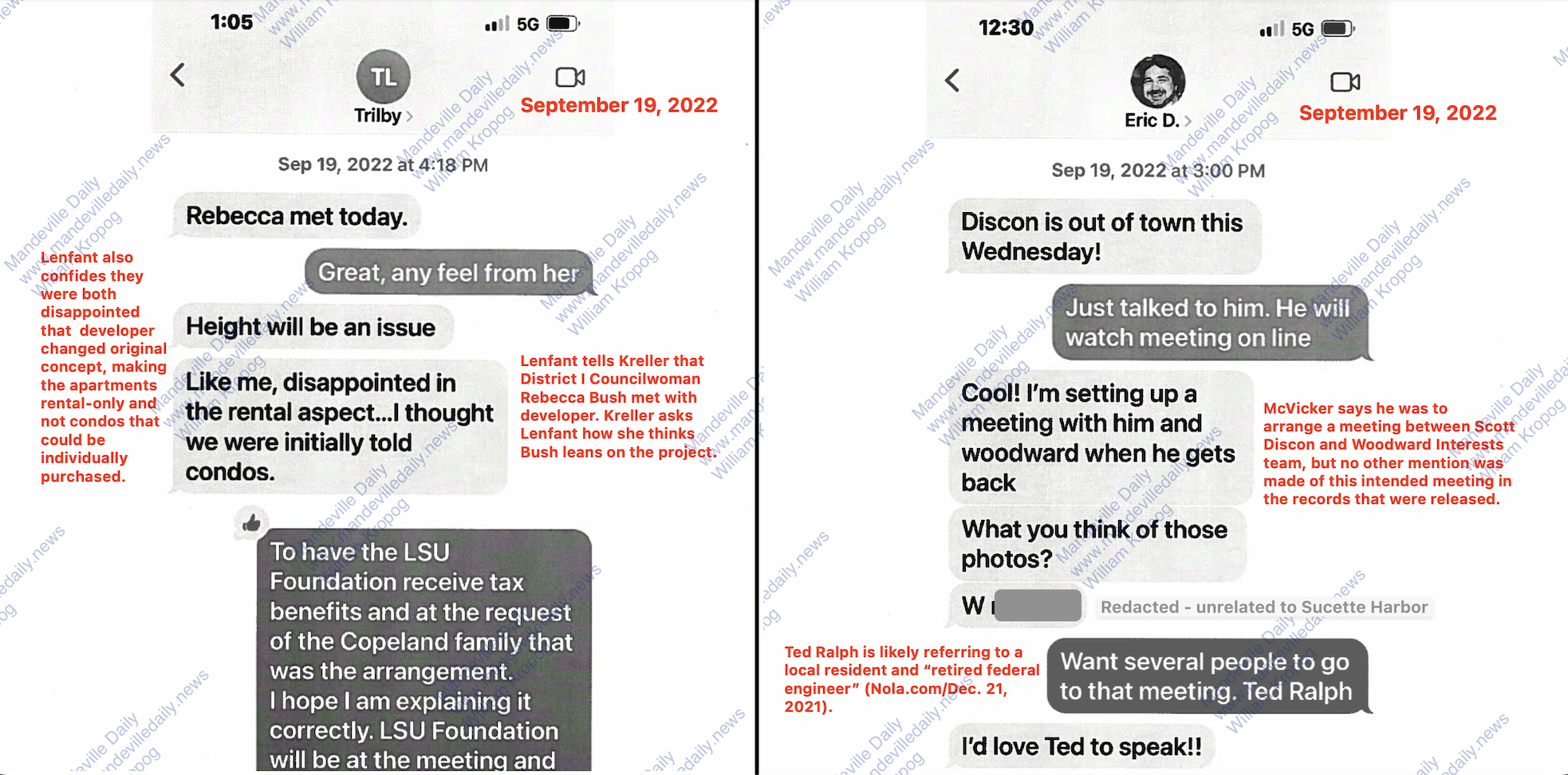 Text messages produced by District II Councilman Dr. Skelly Kreller as part of a public records request by Woodward Interests Vice President Bear Cheezem. (Mandeville Daily)