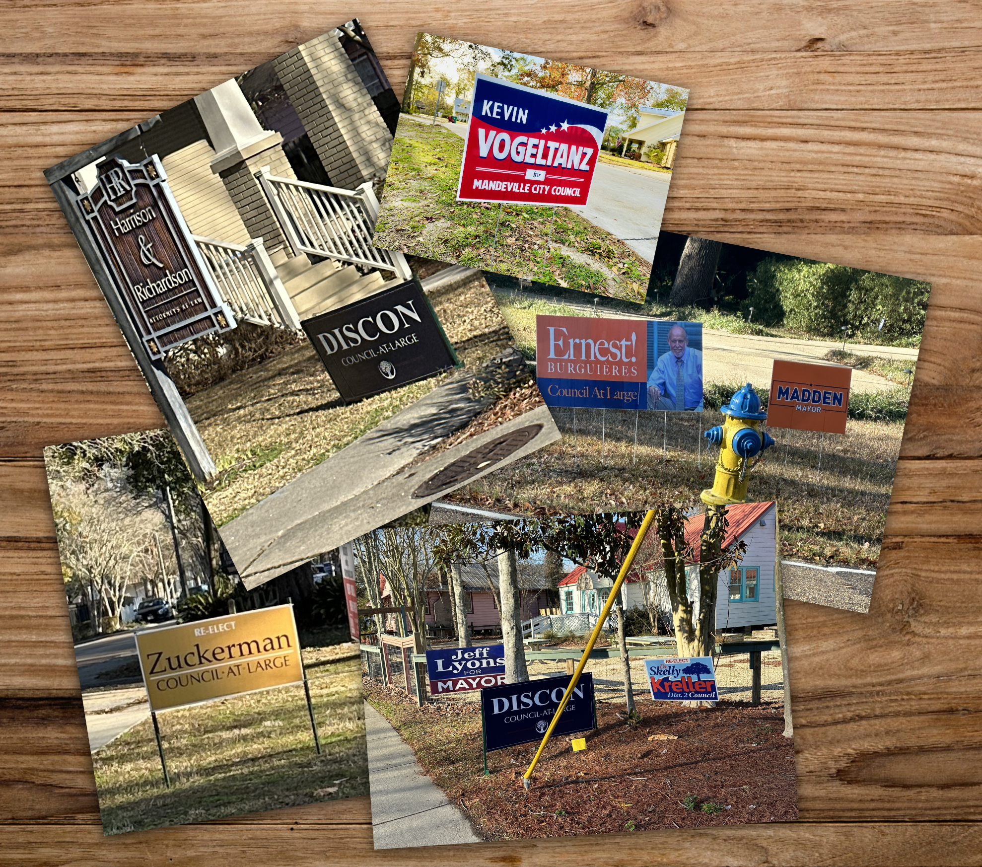 A collage of photos collected from Old Mandeville showing campaign signs from candidates for Mandeville races. (Mandeville Daily)