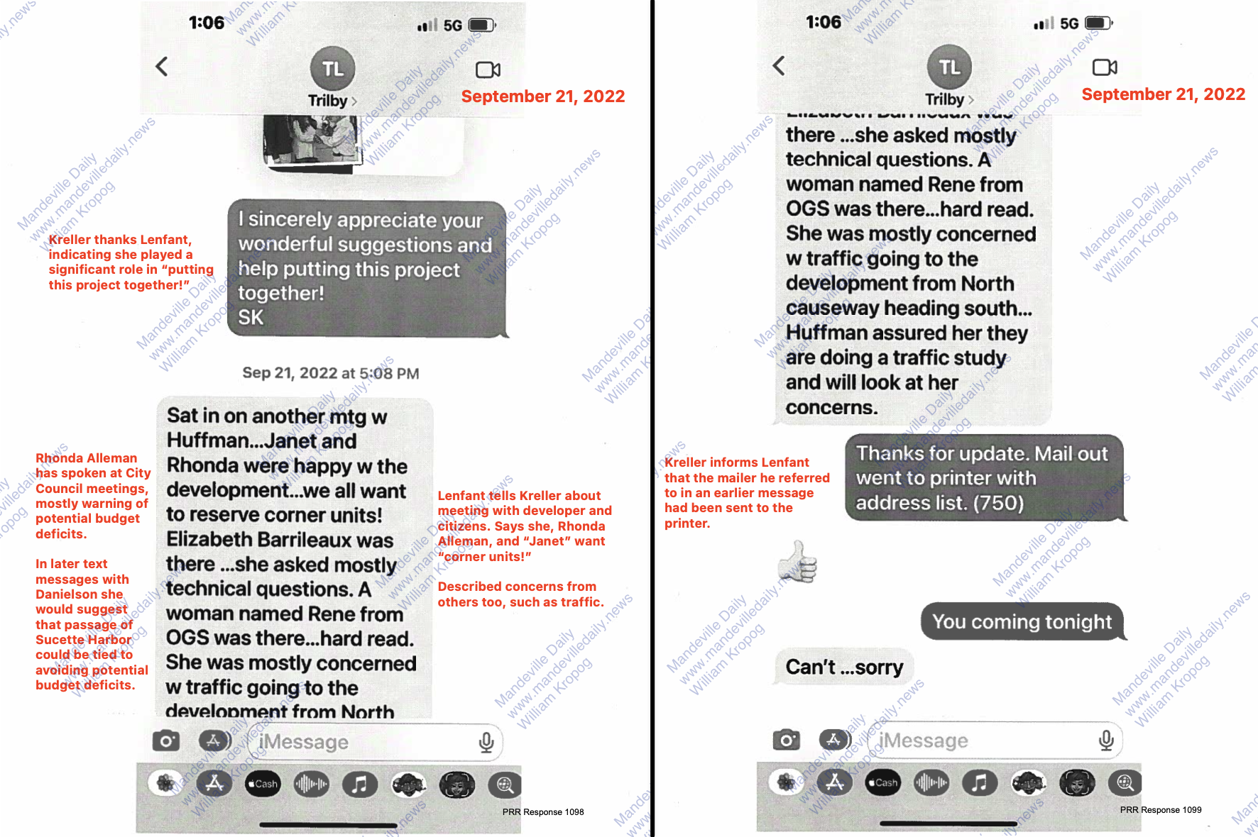 Text messages produced by District II Councilman Dr. Skelly Kreller as part of a public records request by Woodward Interests Vice President Bear Cheezem. (Mandeville Daily)