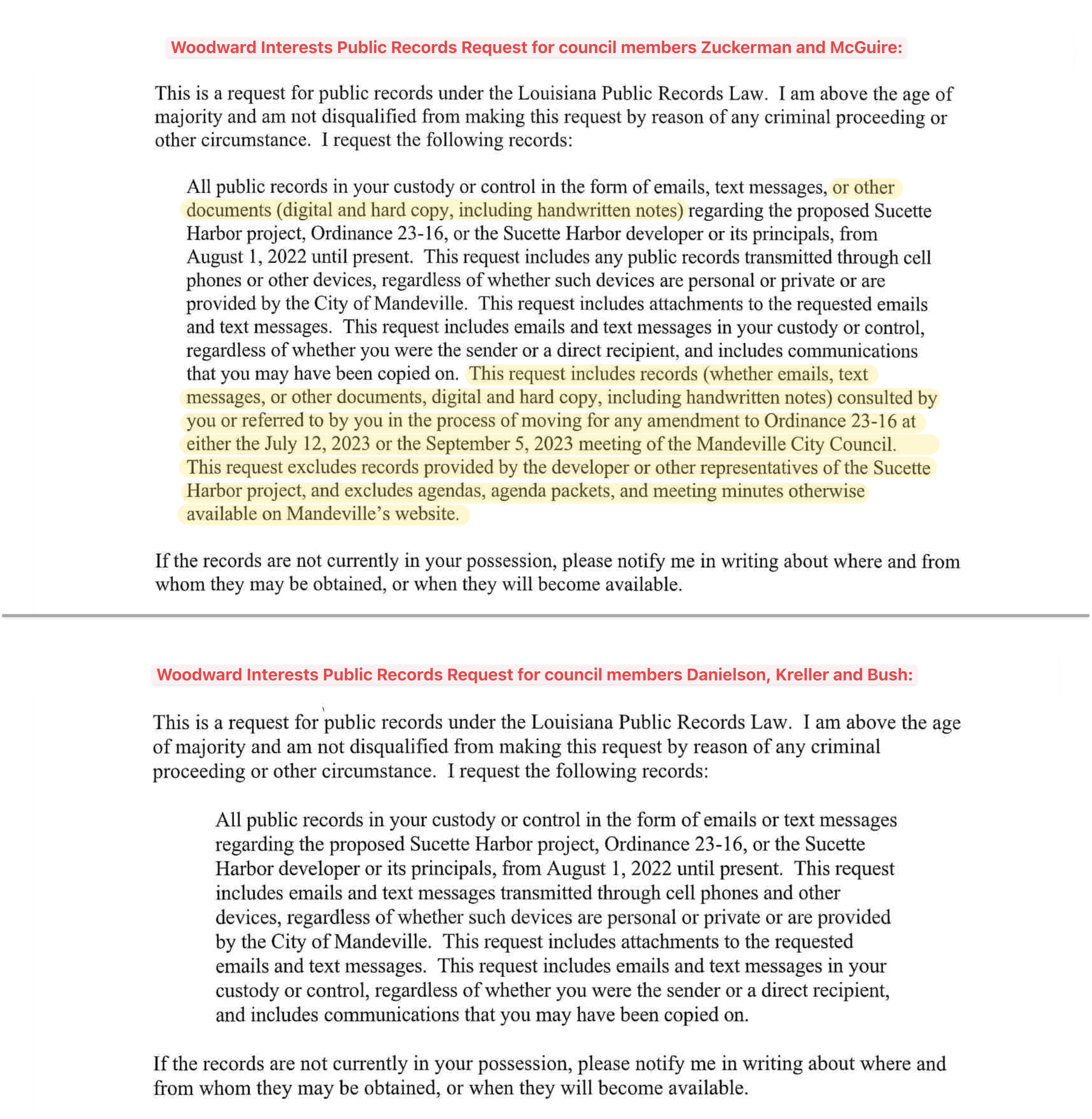 Side-by-side comparison of the Woodward Interests Vice President Bear Cheezem public records requests to City Council members. (Mandeville Daily)