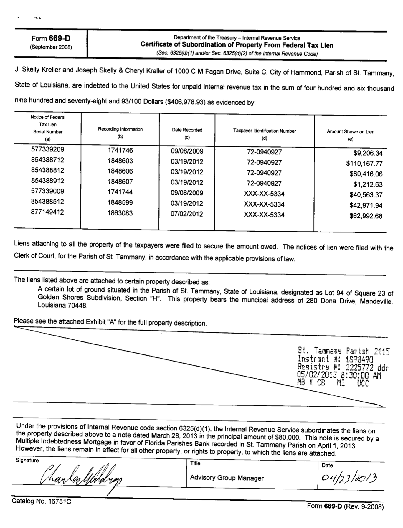 A screen capture of documentation relating to District II Councilman Dr. Skelly Kreller’s IRS tax liens. (Mandeville Daily)