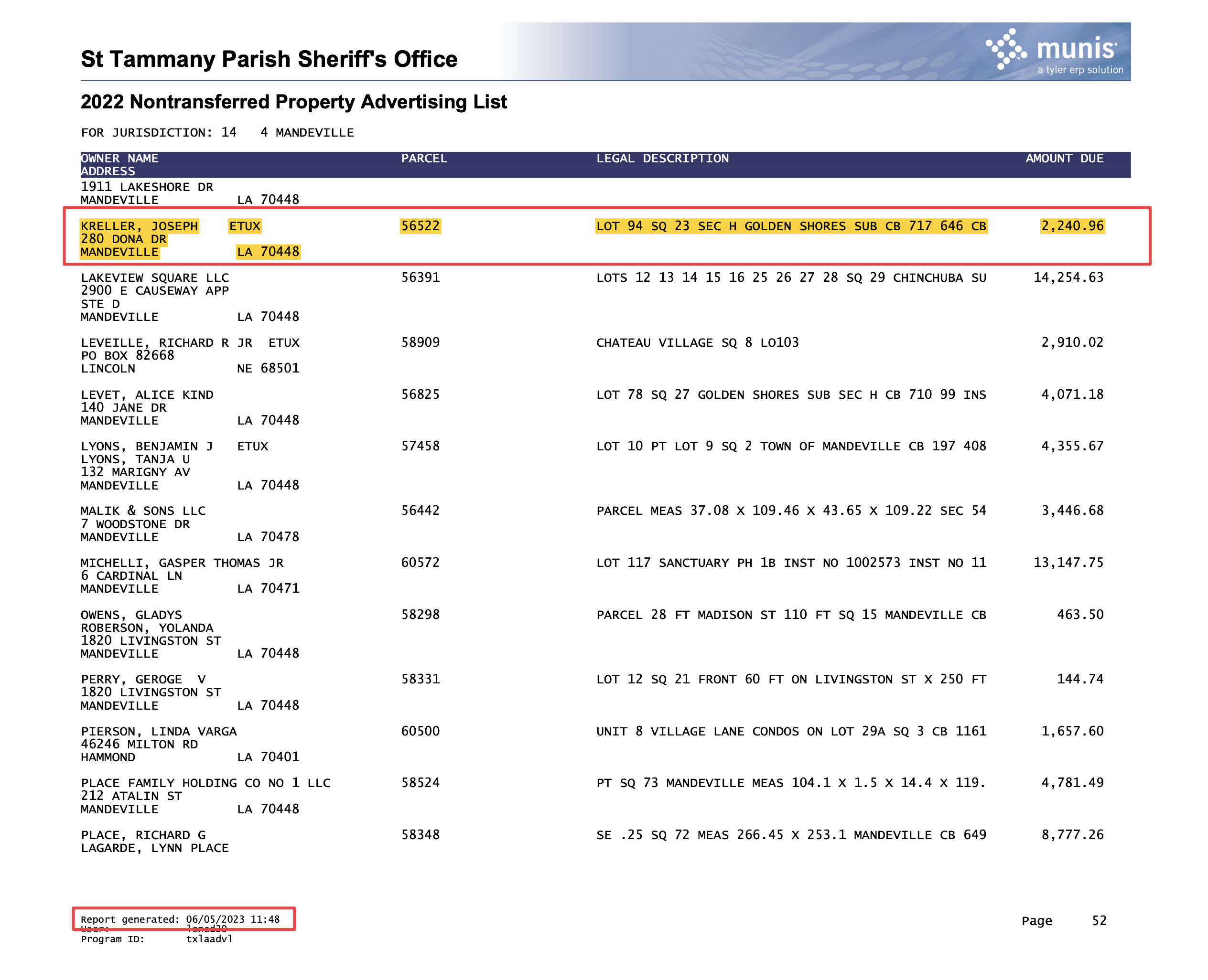 A screen capture of page 52 of the St. Tammany Parish Sheriff’s Office delinquent tax listing from June 7, 2023.