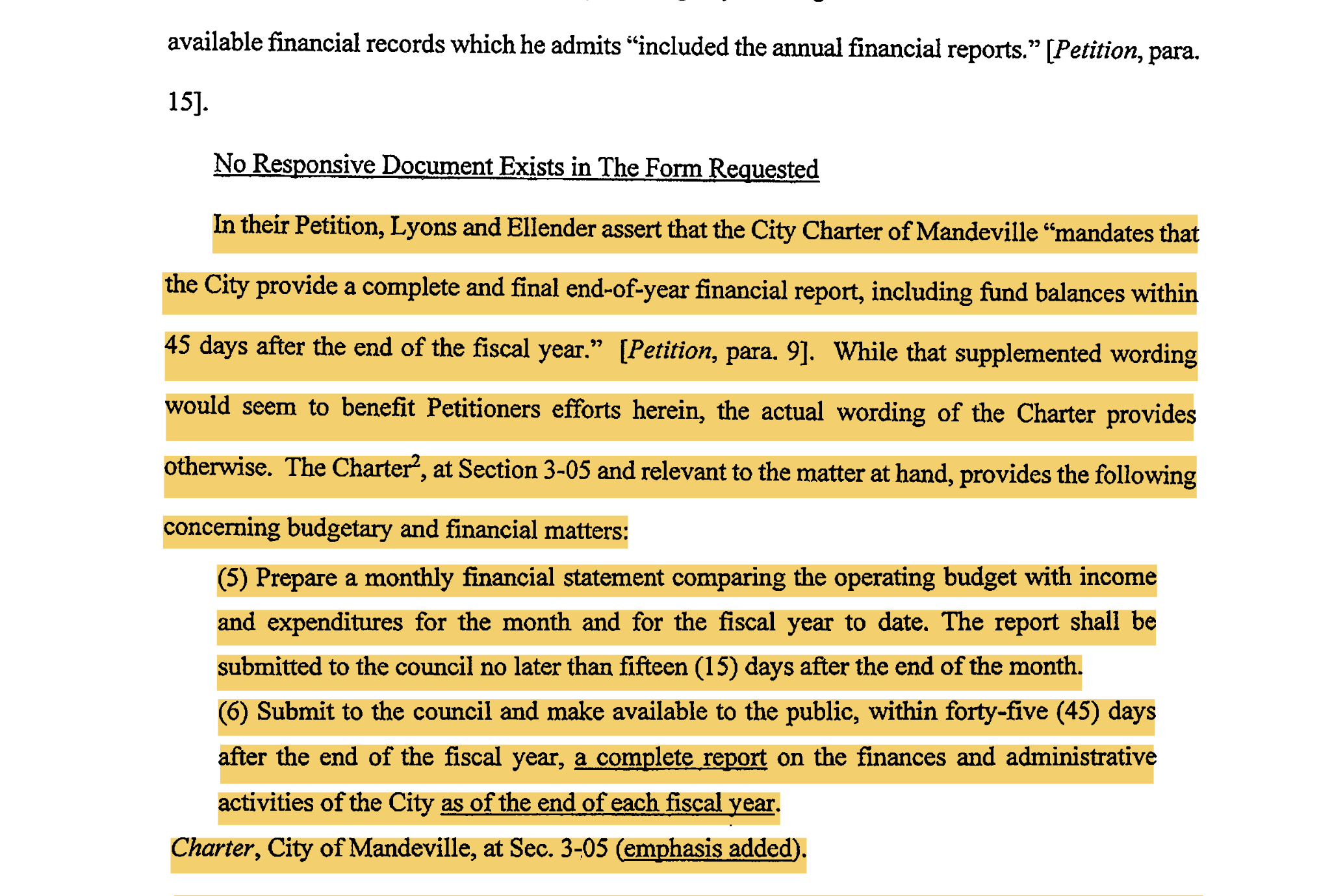 Excerpt from the City of Mandeville’s memorandum response on file with the St. Tammany Clerk of Court’s Office. (Mandeville Daily)