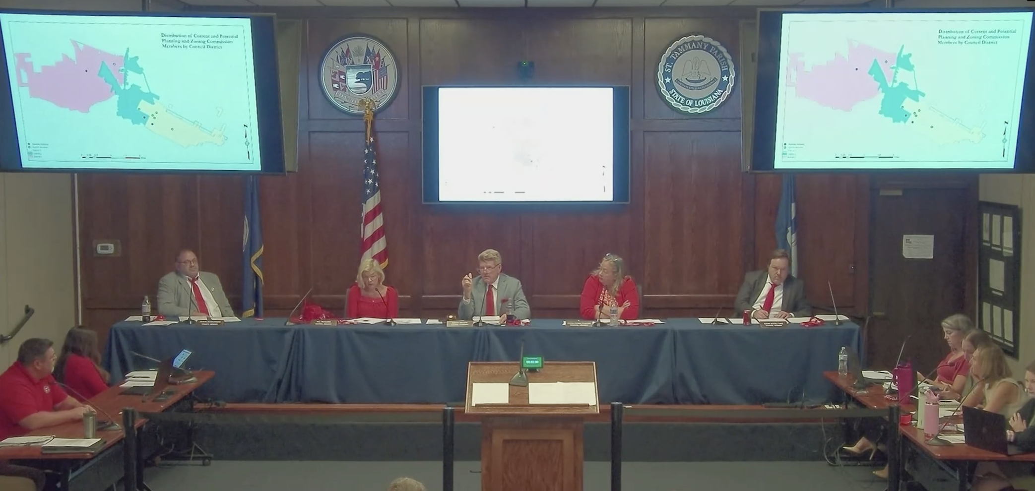 Councilman at Large Scott Discon presented a map that he claims shows District I is underrepresented by geographical area on the Planning & Zoning Commission. (Mandeville Daily)