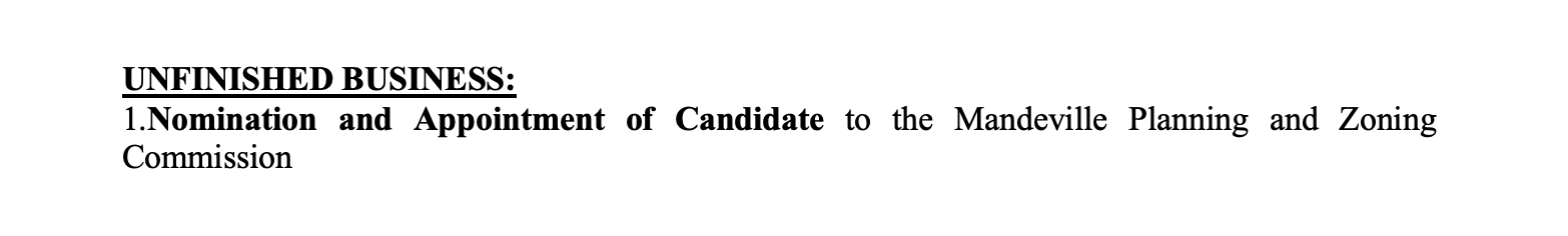 Excerpt from the published agenda for the December 19, 2024, City Council meeting, dated December 12, 2024. (Mandeville Daily)