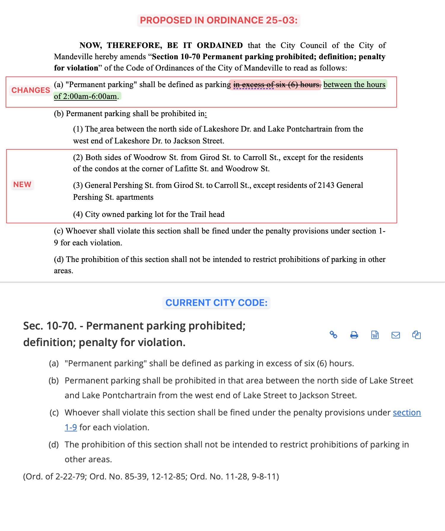 Comparison of current city code vs. proposed Ordinance 25-03 (as of publication date and time). (Mandeville Daily)