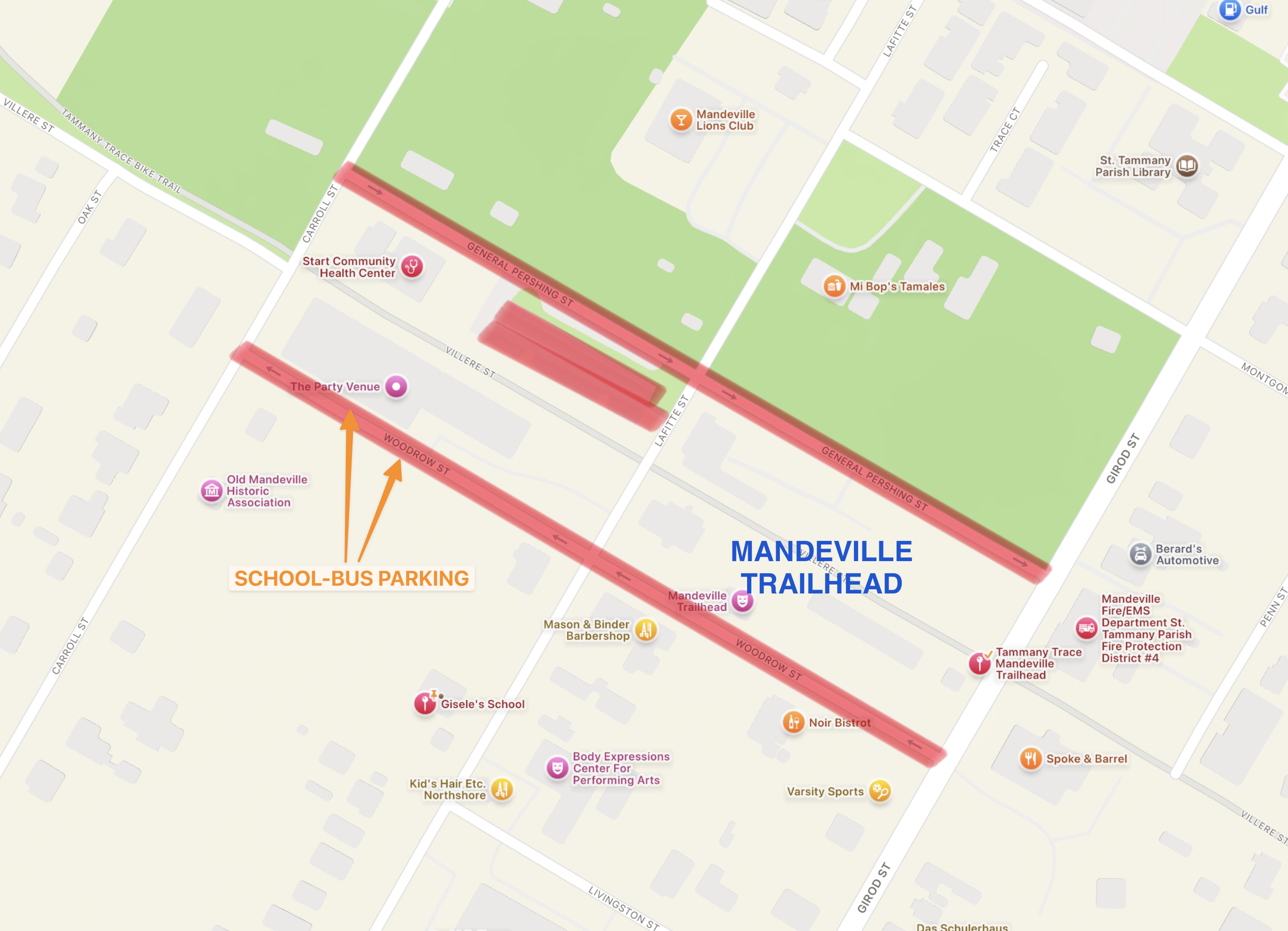 Map showing newly prohibited predawn parking areas under a proposed ordinance. (Mandeville Daily)