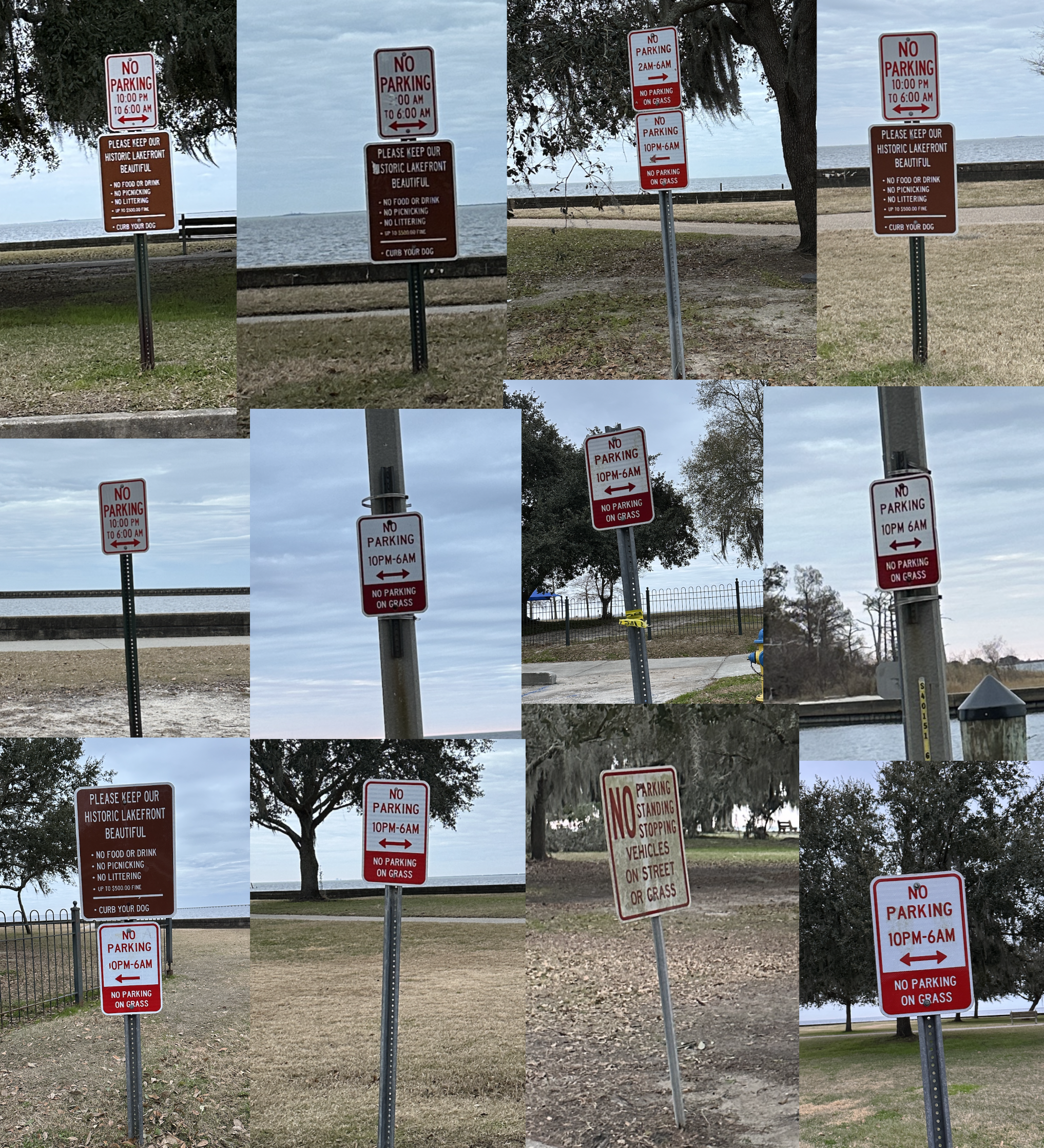 A selection of the numerous no-parking signs along Lakeshore Drive. There are over 40 signs in all, covering other activities such as parking on the grass, littering, picnicking, etc. (Mandeville Daily)