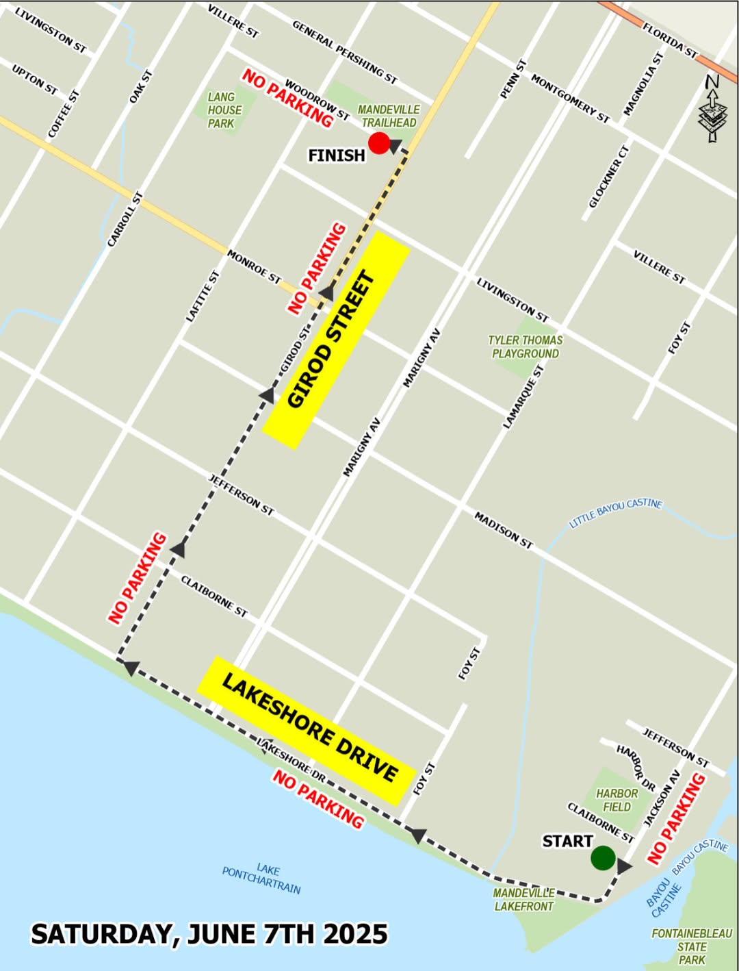 There will be no parking along the entire parade route from 2 pm to 6 pm, and this will be strictly enforced. (Mandeville Police Department)