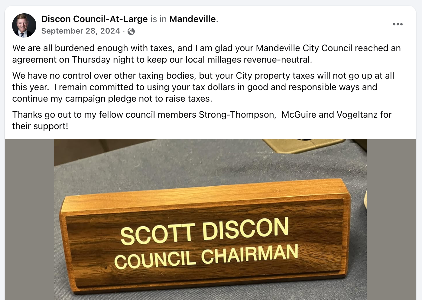 Post from Councilman at Large Scott Discon’s Facebook page from Sept. 24, 2024. (Facebook)