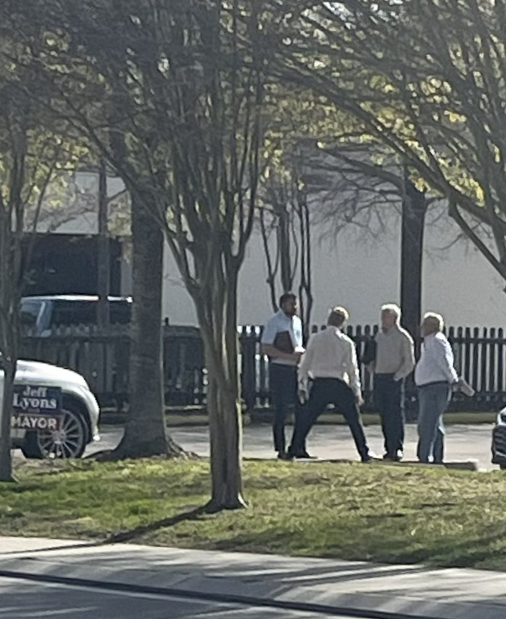 Former Mariner’s Village Master Association President Erick McVicker, Councilman at Large Scott Discon, Glen Runyon, and an unidentified individual outside Discon’s law office in Mandeville weeks before the March 23, 2024, primary election. (Mandeville Daily source)