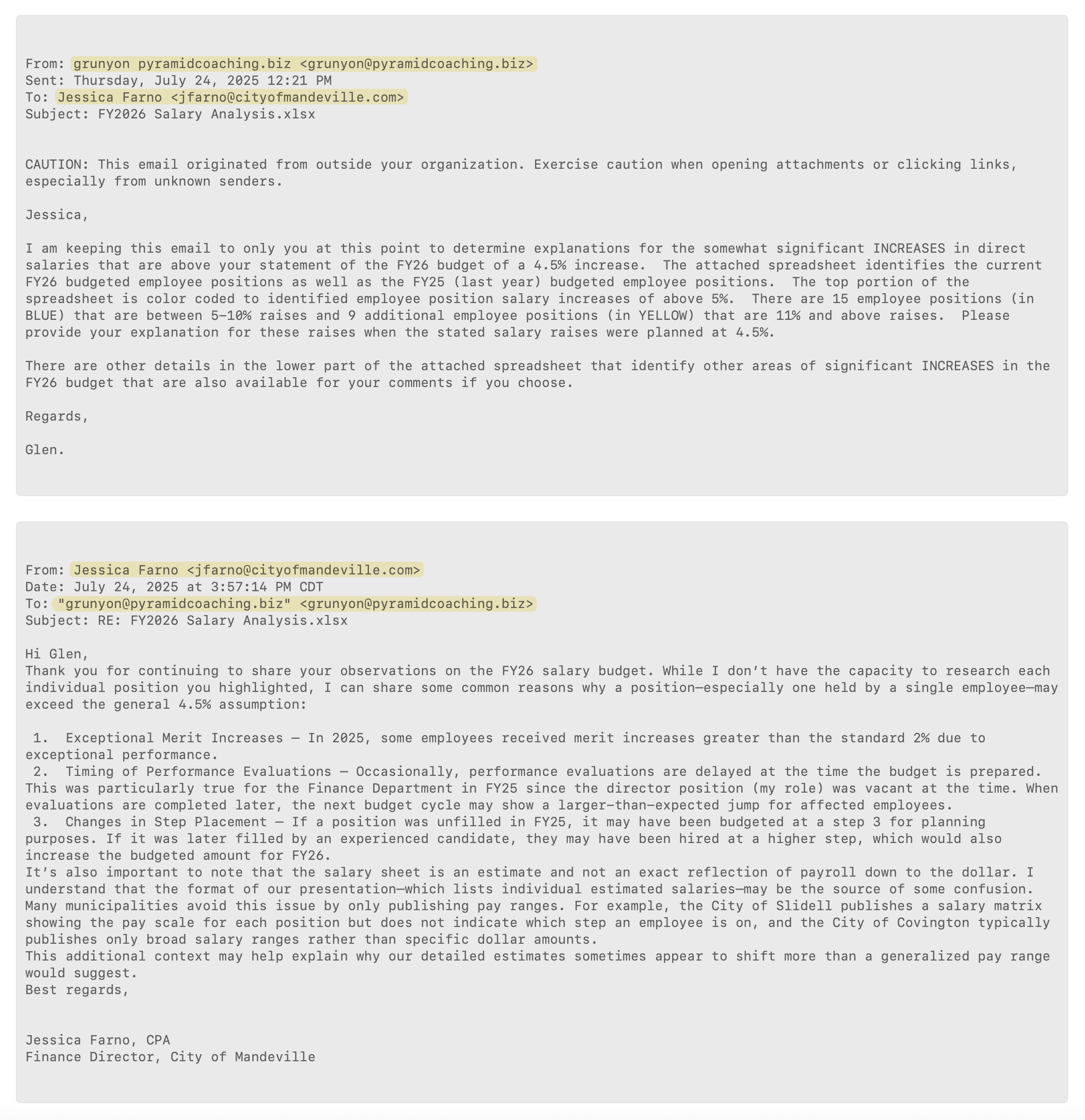 Farno-Runyon email exchange excerpt from July 24, 2025. (Mandeville Daily)