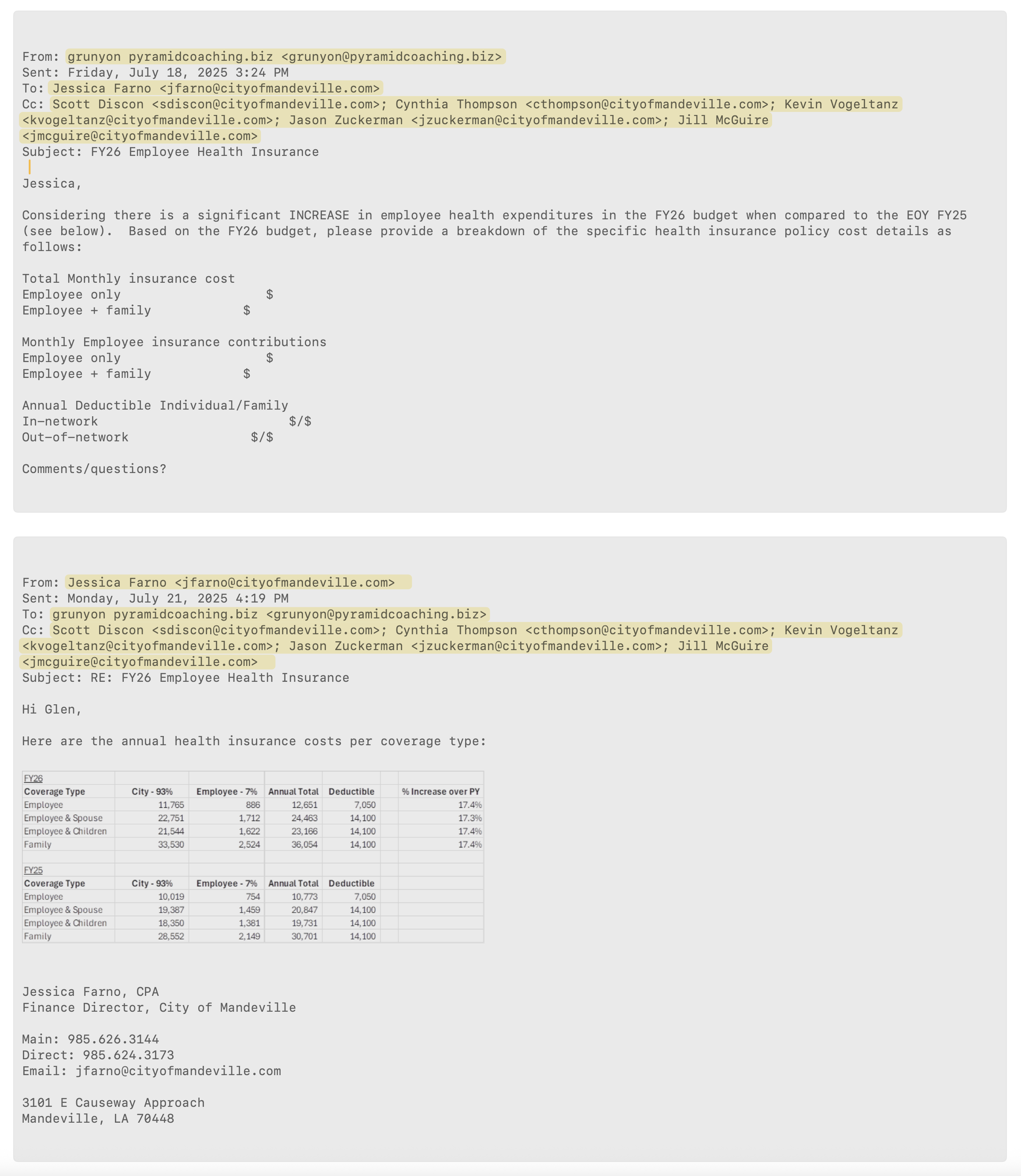 Farno-Runyon email exchange excerpt from July 18, 2025. (Mandeville Daily)