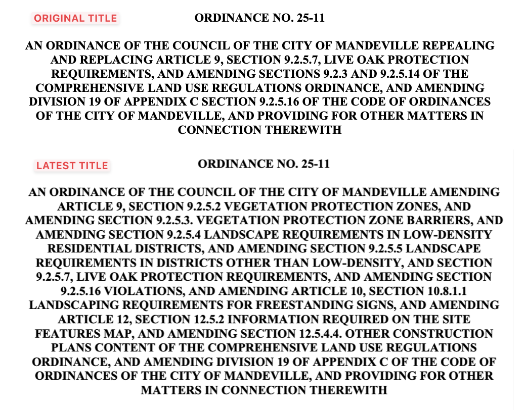 Comparison of the originally proposed title of Ordinance 25-11 with the latest title of the greatly expanded version of the proposal. (Mandeville Daily)