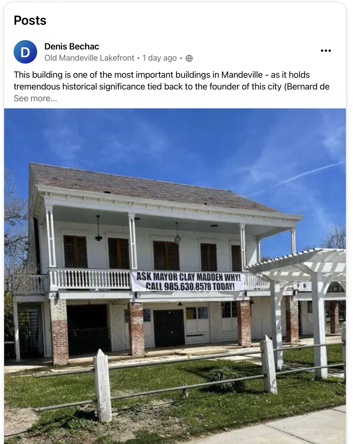 Denis Bechac hung a large banner on his Ida-damaged building during the lead-up to the March 2024 city-wide election. (Mandeville Daily)