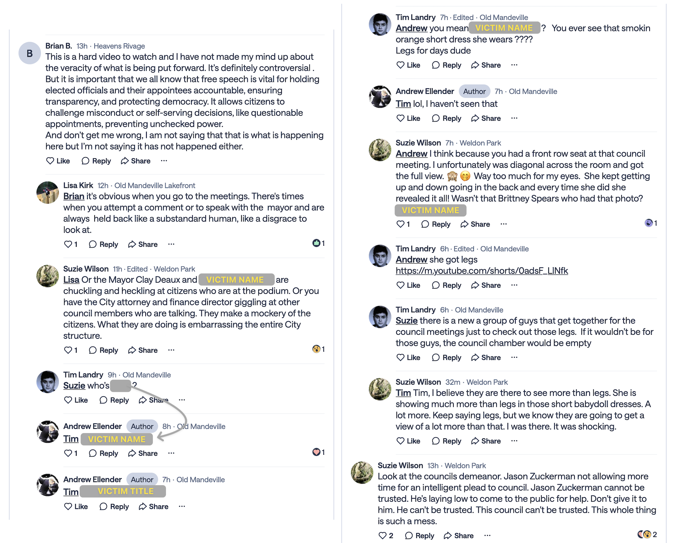 A redacted portion of one of the social media posts on the Nextdoor platform. Mandeville Daily redacted a nickname to prevent the female official from being identified. (Nextdoor website)