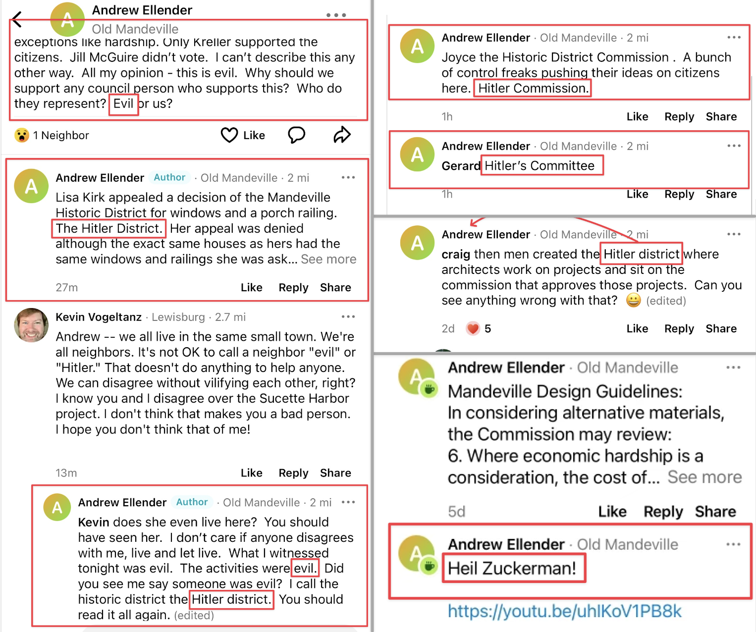 Social media posts showing comments from the above same individual from 2023, using anti-Semitic terminology. (Nextdoor website)