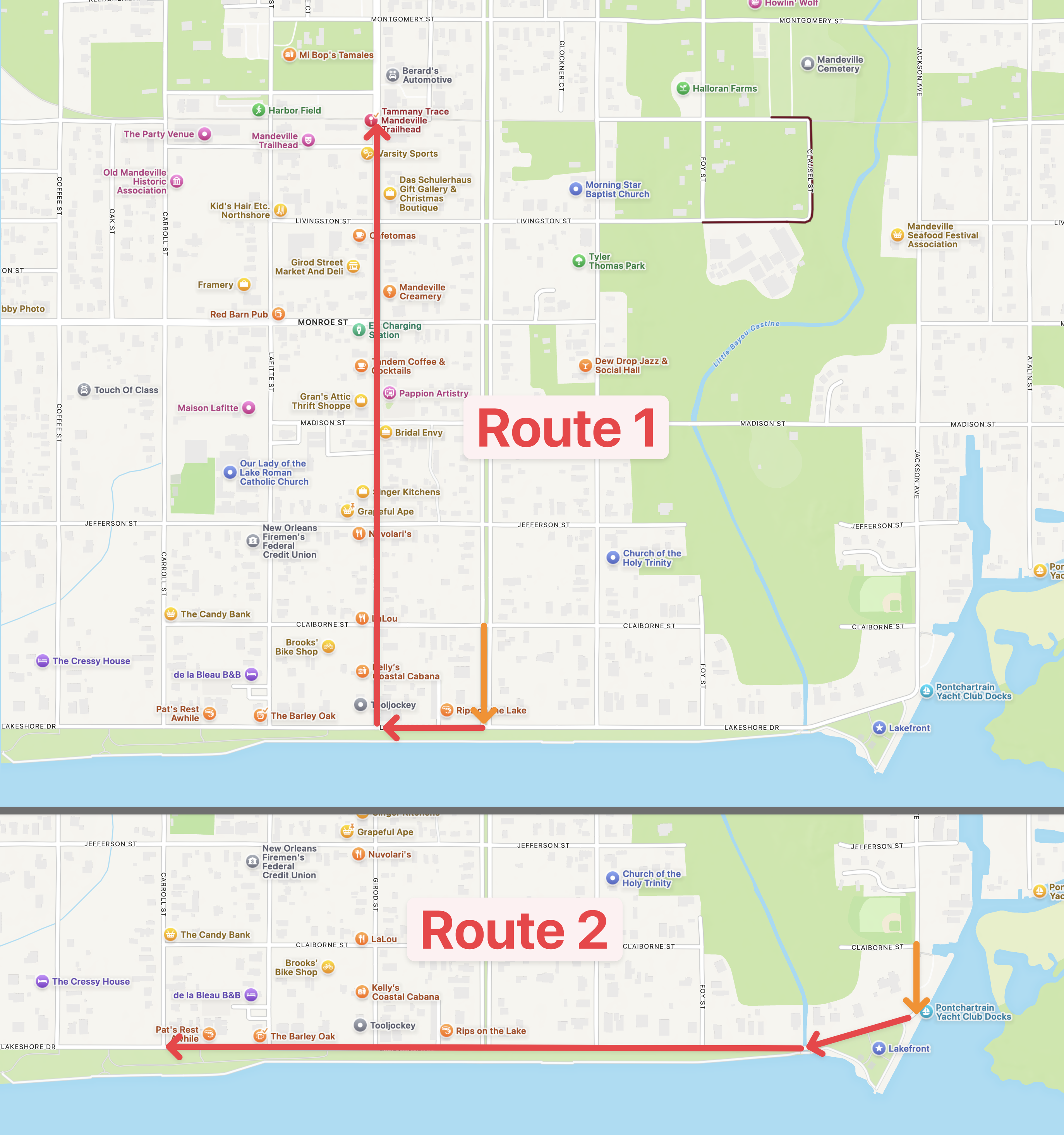The two routes for non-Mardi Gras parades proposed by Ordinance 25-34. (Mandeville Daily)