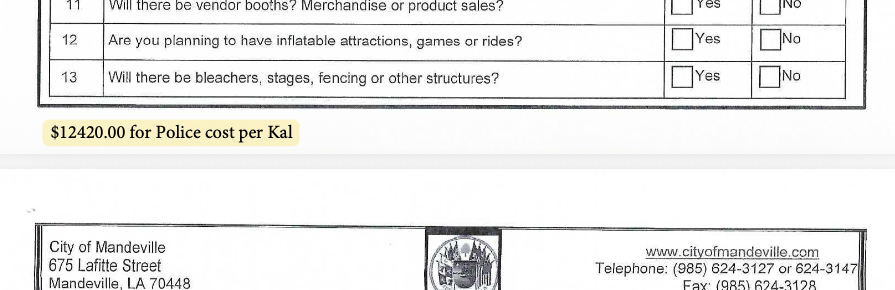 Excerpt from the March 12 agenda posted on the City of Mandeville website March 6 showing the 'police cost' estimate. (City of Mandeville)