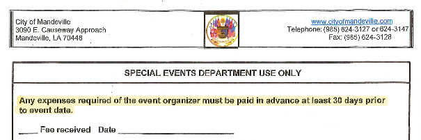 An excerpt of a form included in previous special event application packets. (Mandeville Daily)