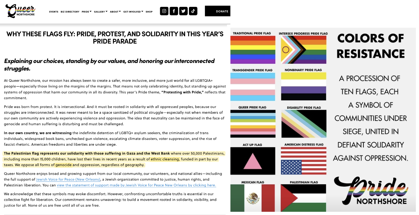 Excerpts from the Queer Northshore website cited by members of the Jewish community as troubling for a event that was approved by the City Council under the declared purpose of "Celebration of Pride Month." The upside-down American flag was removed sometime after this screenshot was taken. Source: https://www.queernorthshore.org/news/why-these-flags-fly-pride-protest-and-solidarity (Mandeville Daily)